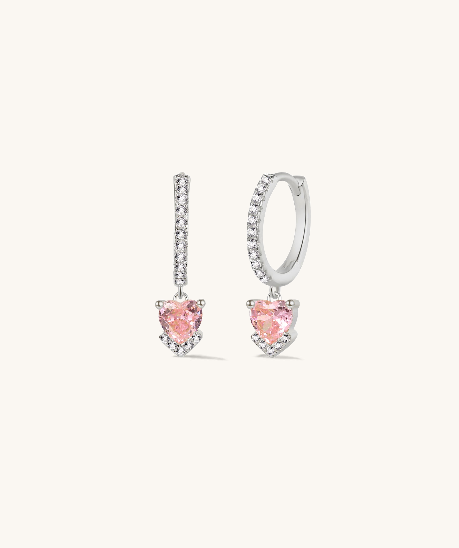 Heart Pink CZ Silver Hoops