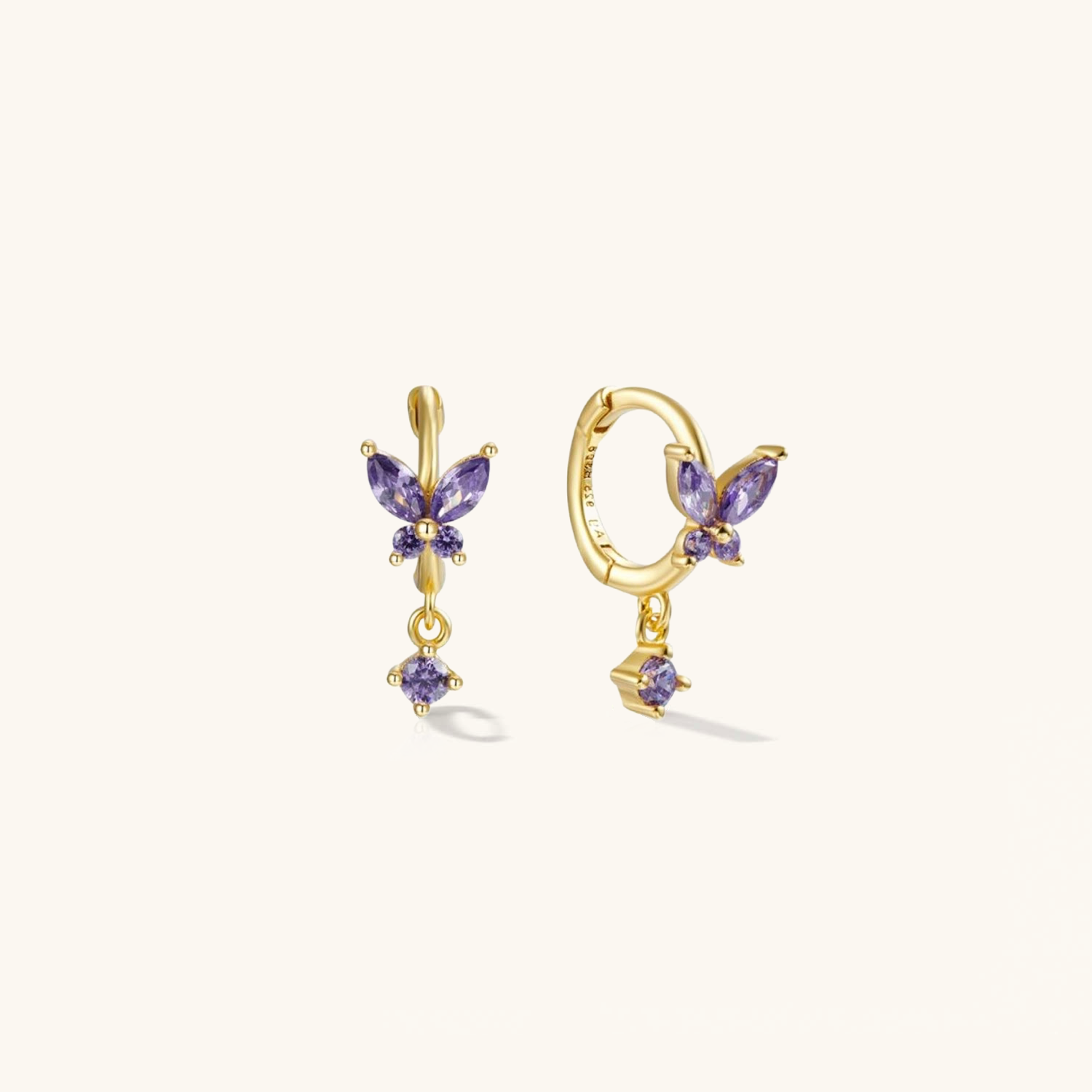 Butterfly CZ Violet Charm Gold Hoops