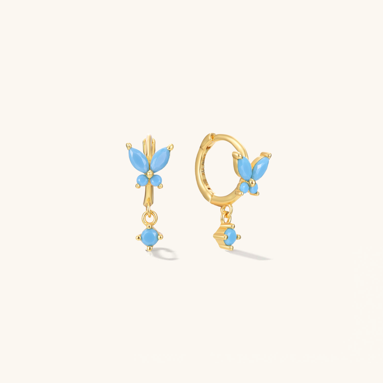 Turquoise Butterfly CZ Charm Gold Hoops