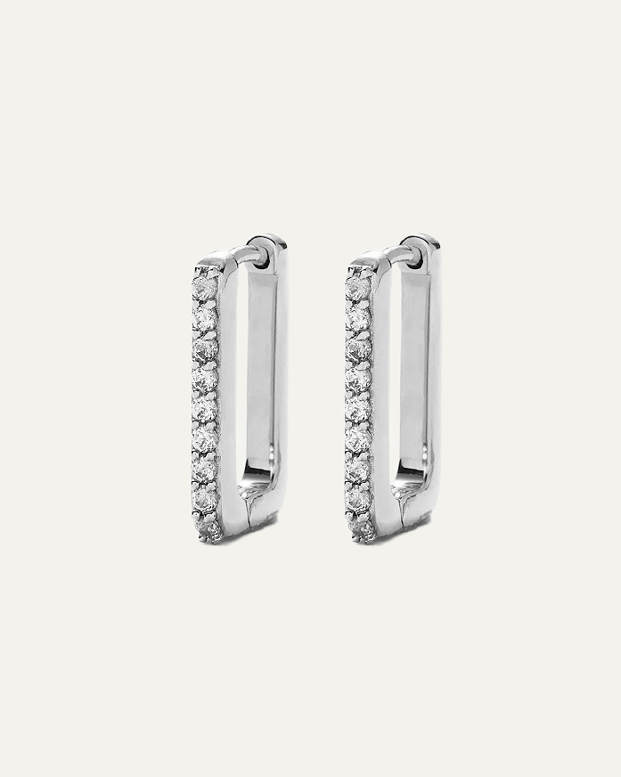 Rectangle Pavé Silver Huggie Hoops