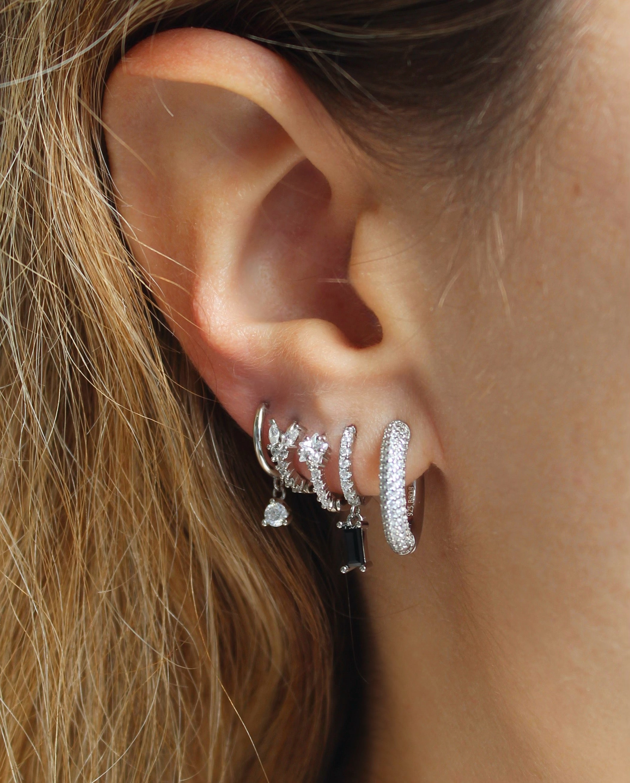 Black Baguette Charm Silver Hoops