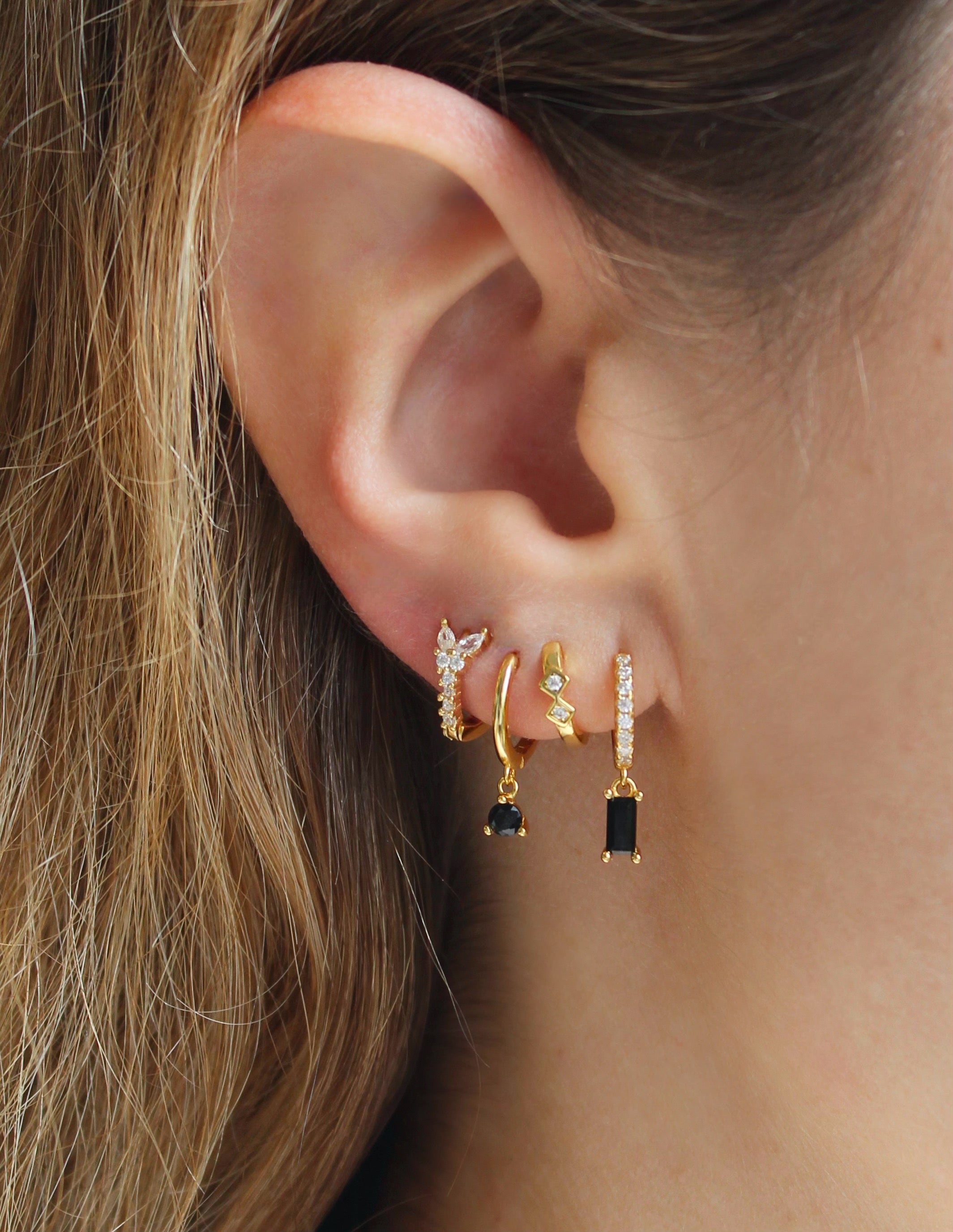 Black Baguette Charm Gold Hoops