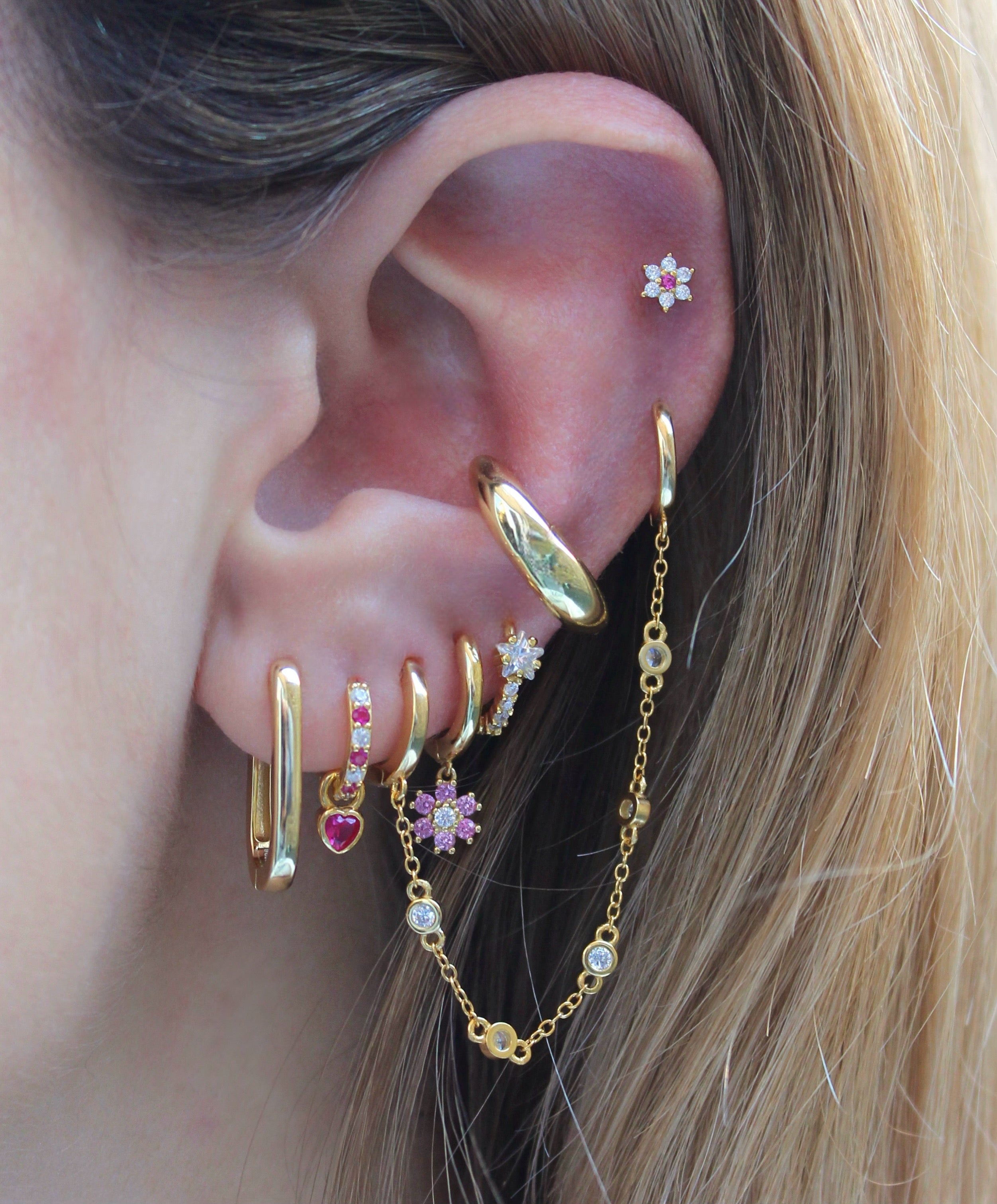 Pave Chain Connected Plain Gold Double Hoops Earring