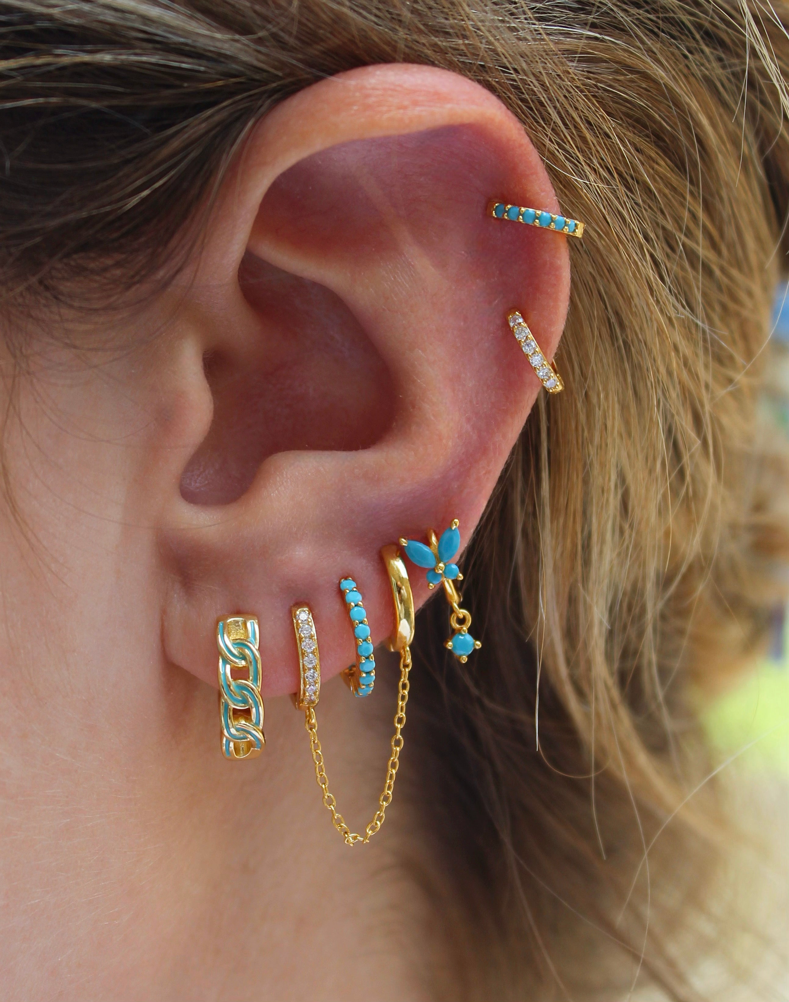 Turquoise Butterfly CZ Charm Gold Hoops