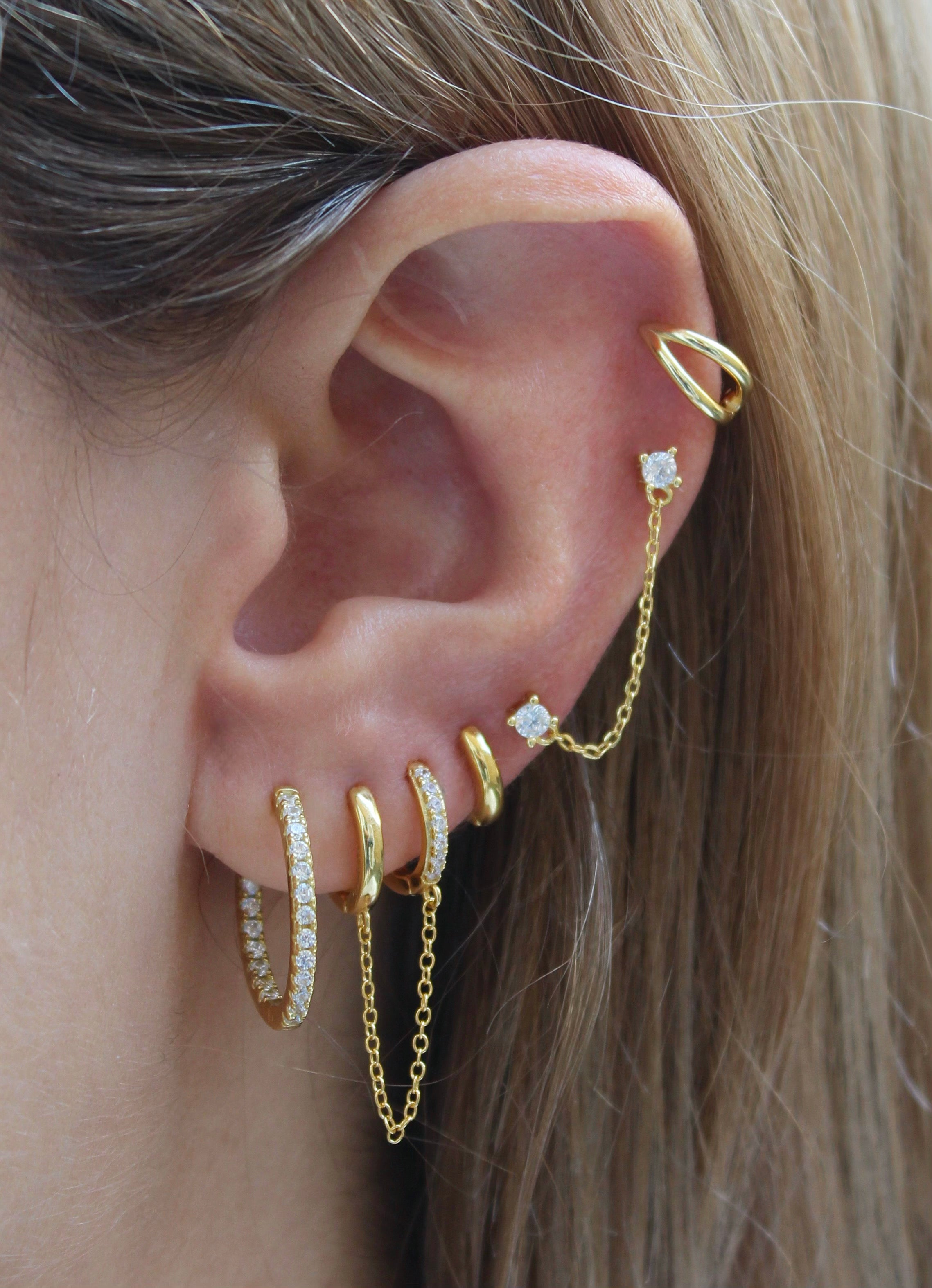 Chain Connected Gold Double CZ Studs Earring