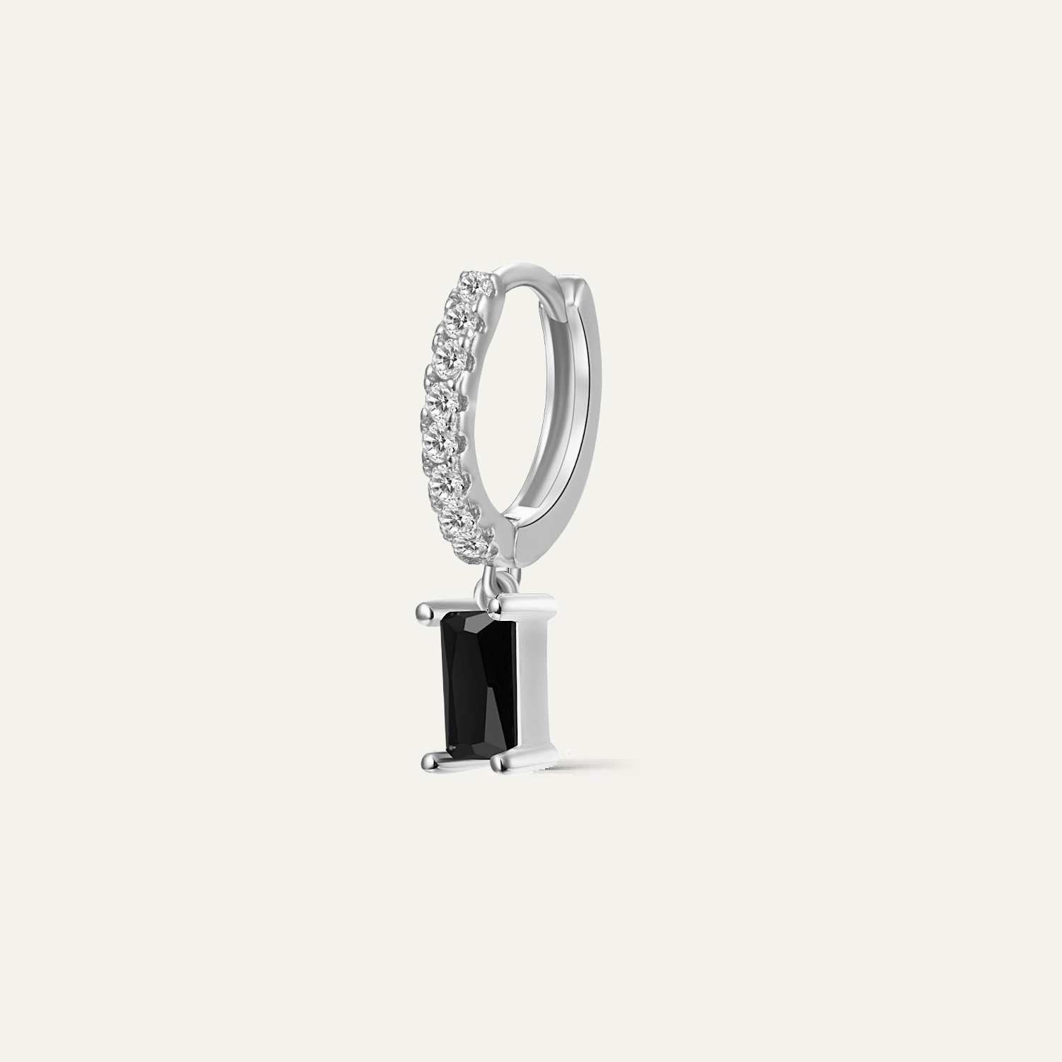 Black Baguette Charm Silver Hoops