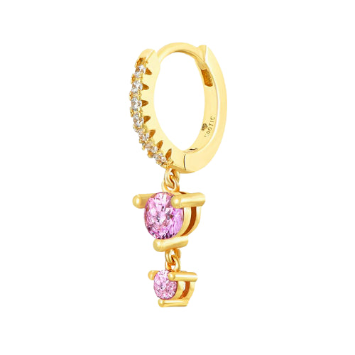 Aro Huggie de oro con doble solitario rosa CZ