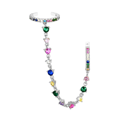 Rainbow CZ Double Hoop Silver Chain Ear Cuff Connector