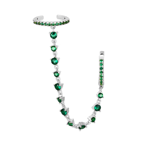 Green CZ Double Hoop Silver Chain Ear Cuff Connector