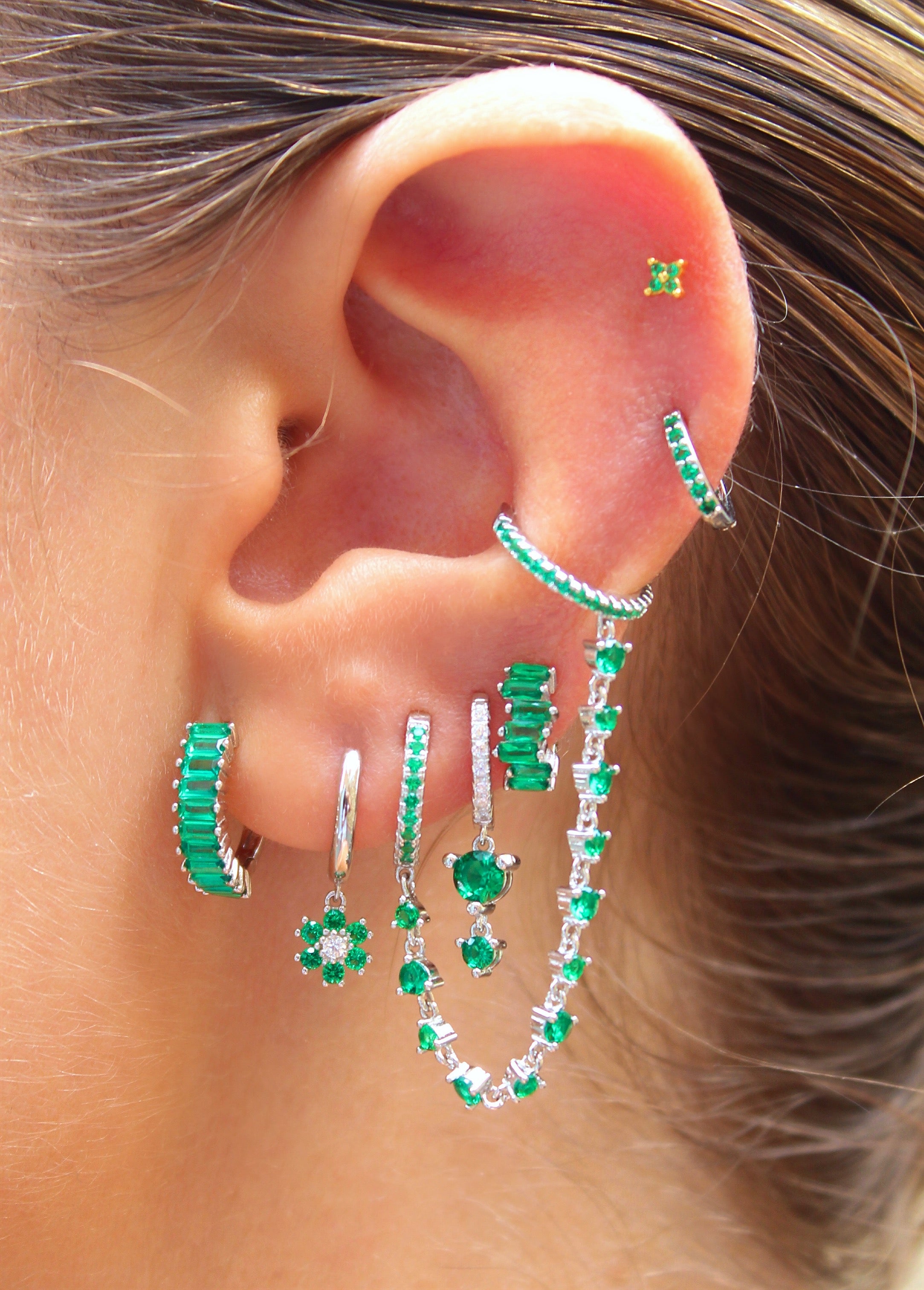 Green CZ Double Hoop Silver Chain Ear Cuff Connector