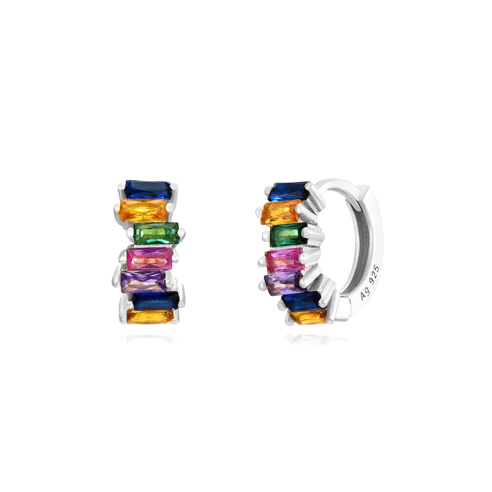 Aretes con circonitas y cristales baguette multicolor plateado