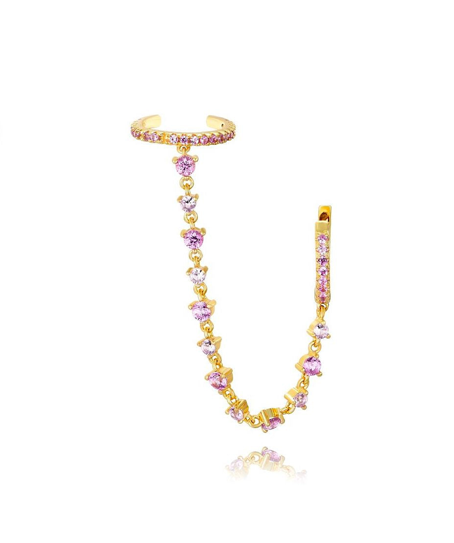 Pink CZ Double Hoop Gold Chain Ear Cuff Connector