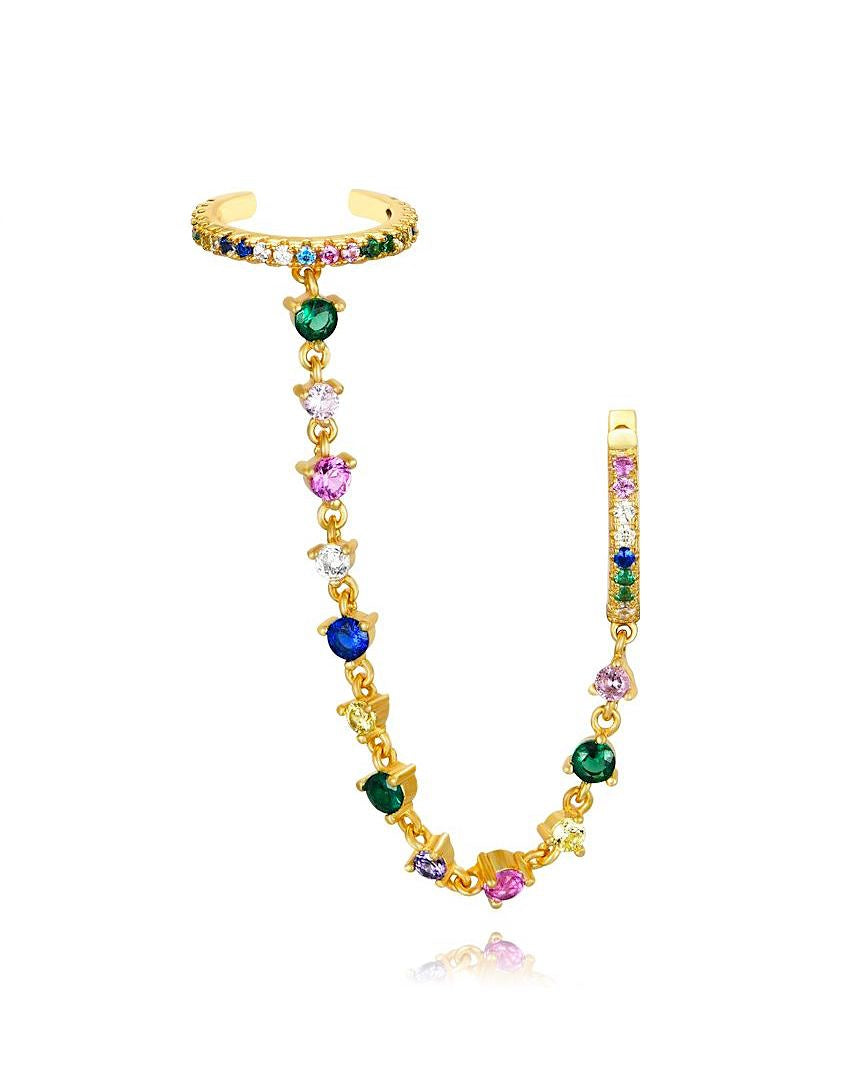 Rainbow CZ Double Hoop Gold Chain Ear Cuff Connector