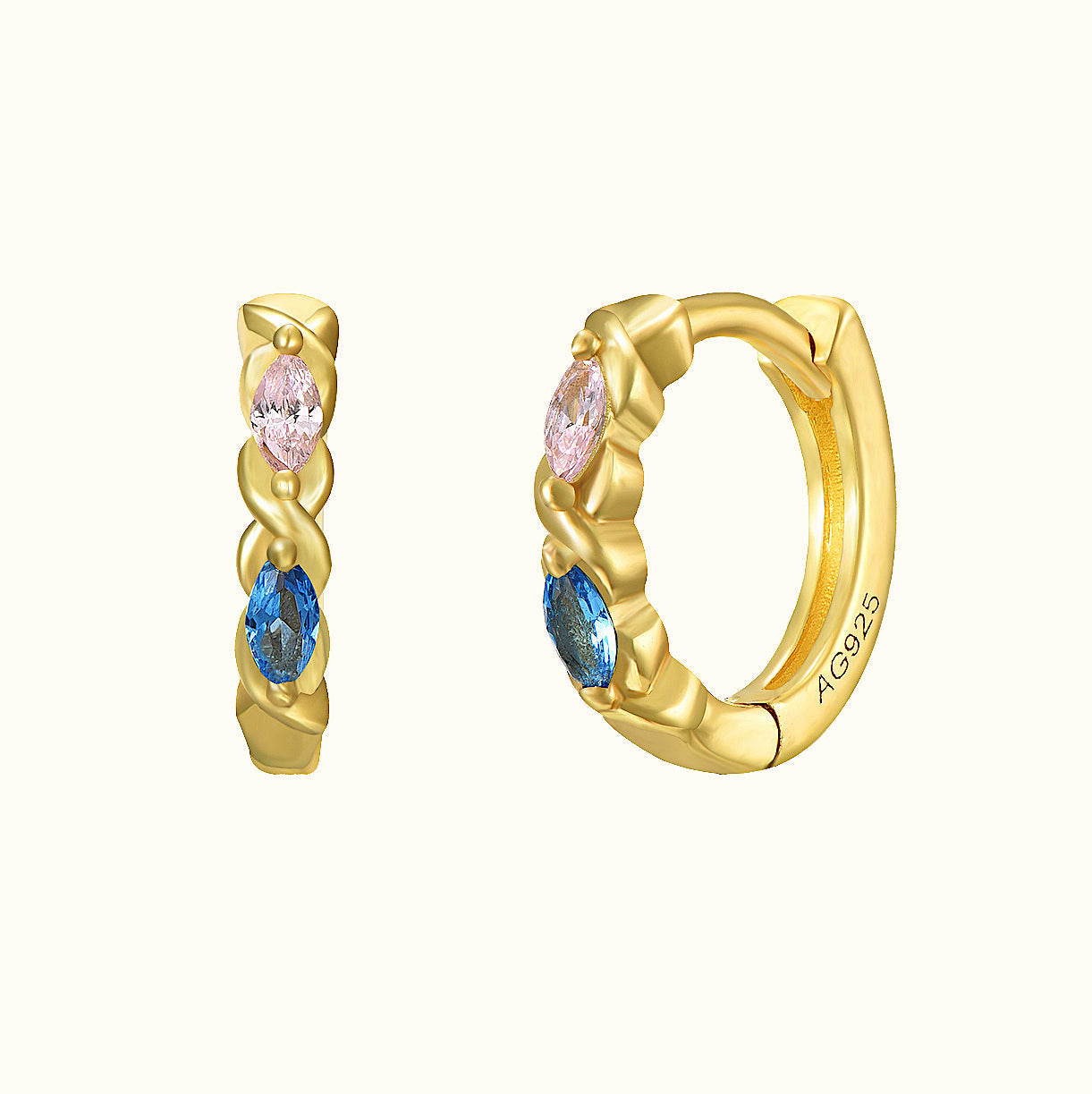 Aro Huggie de oro marquesa con doble circonita pastel