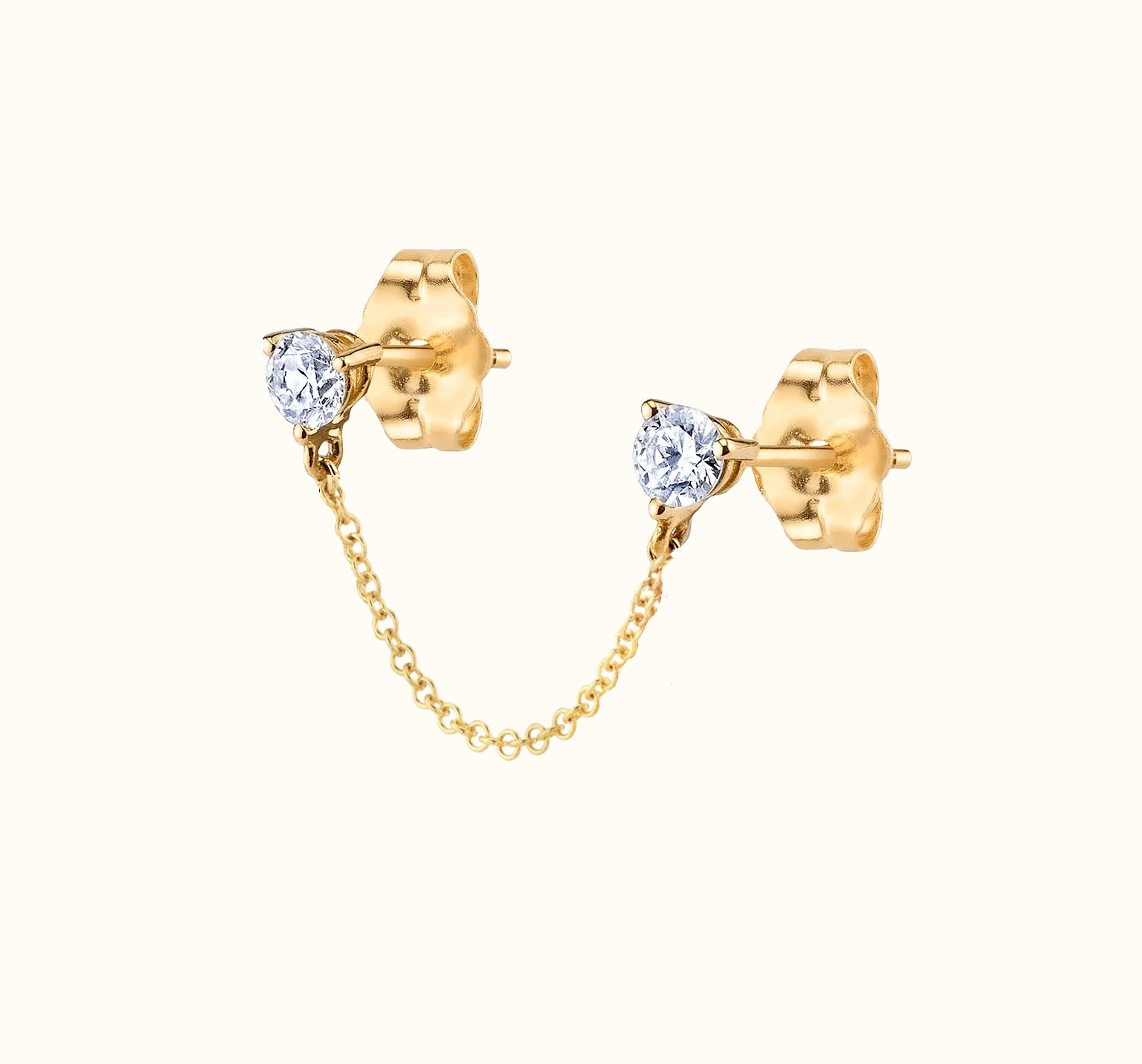 Chain Connected Gold Double CZ Studs Earring