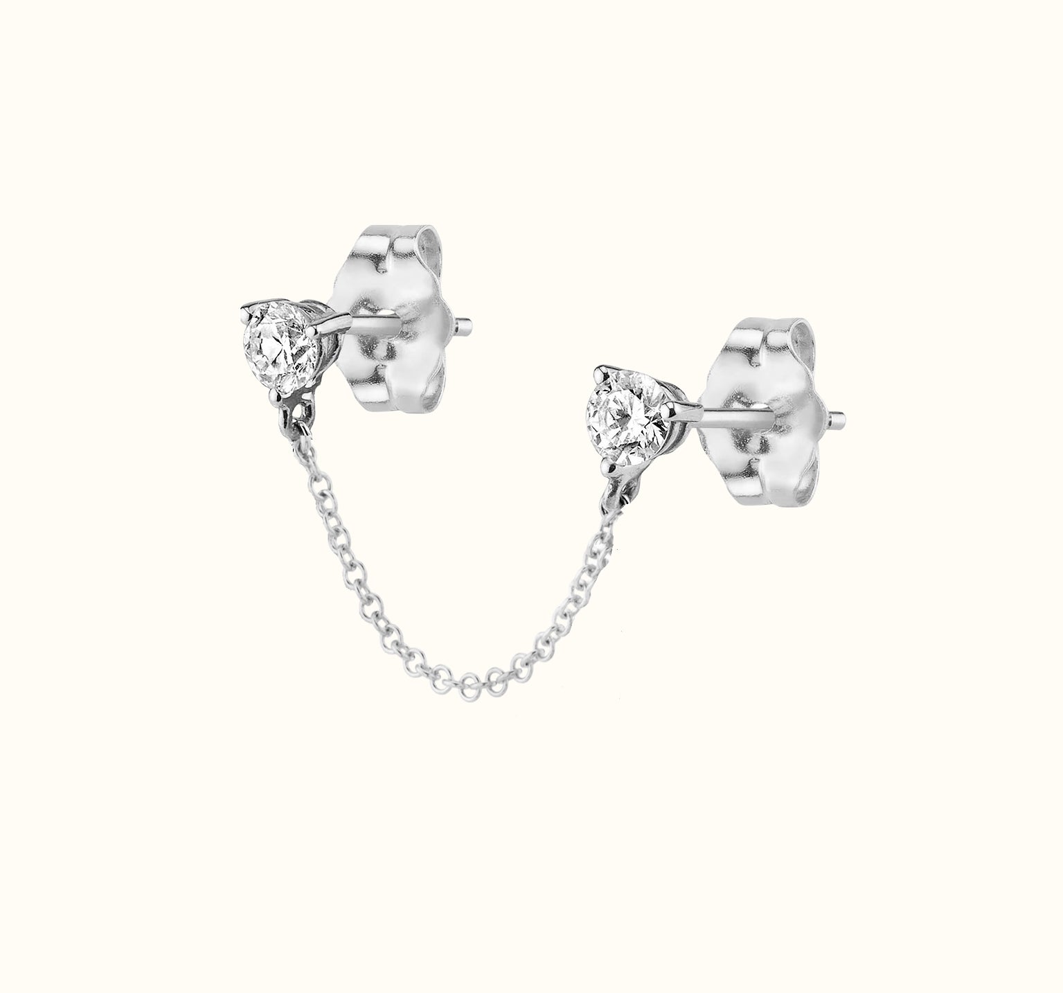 Chain Connected Silver Double CZ Studs Earrings