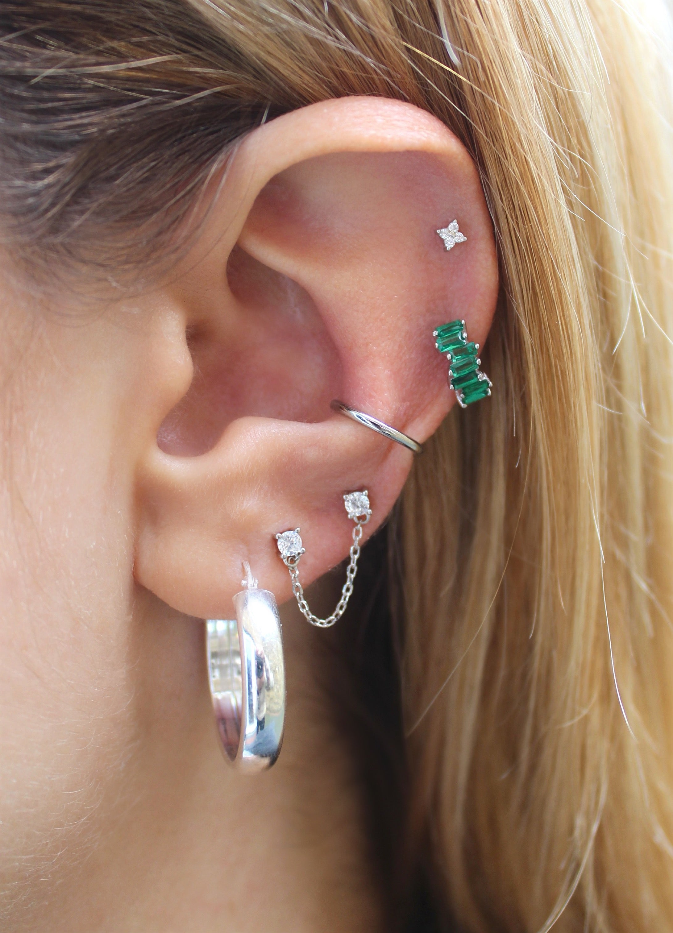 Chain Connected Silver Double CZ Studs Earrings