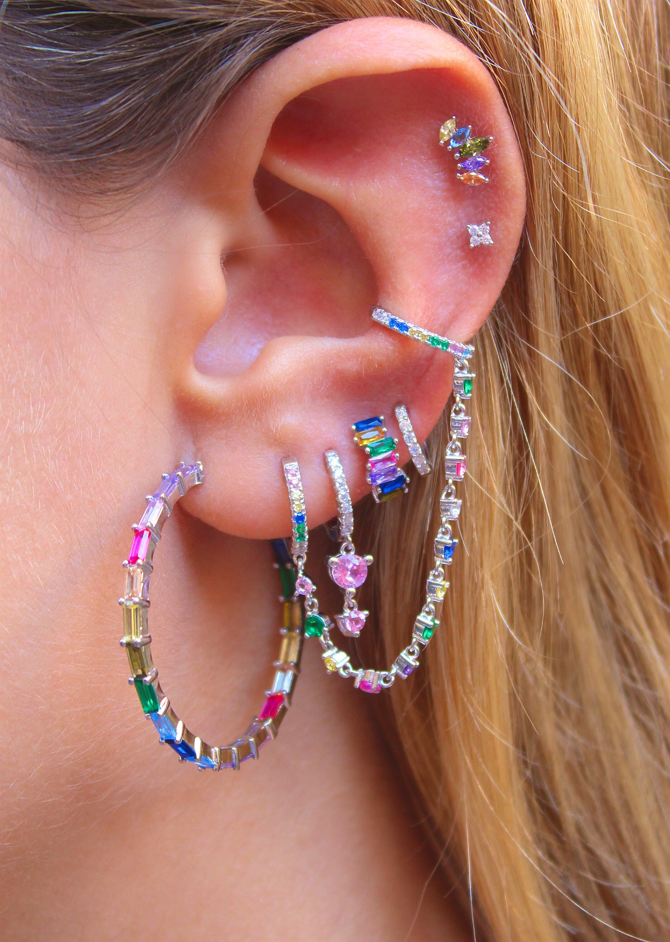 Rainbow CZ Double Hoop Silver Chain Ear Cuff Connector