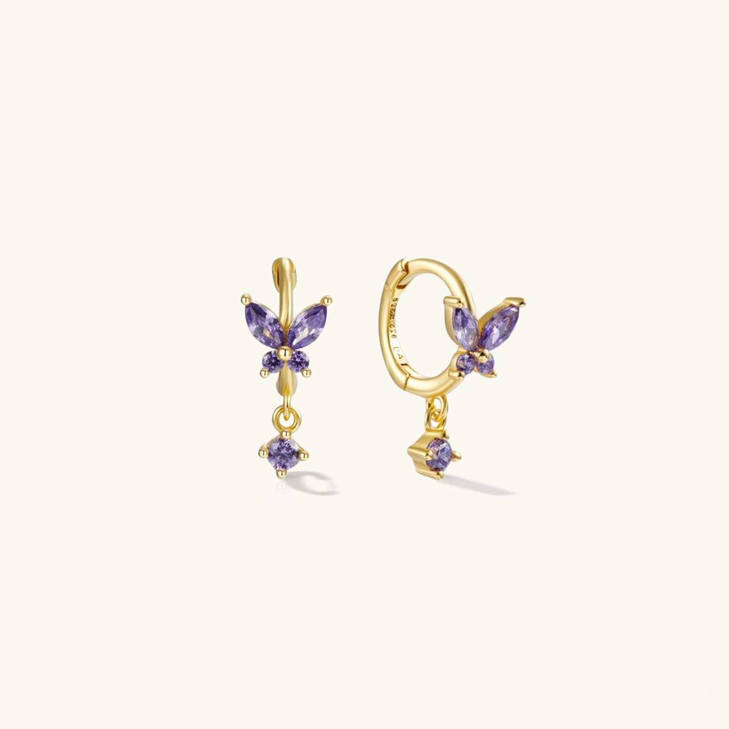 Violet CZ Butterfly Gold Hoops