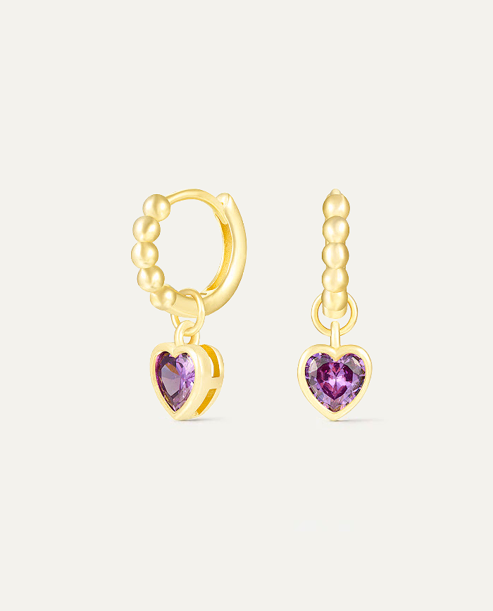 Charm Violet Heart Gold Hoops