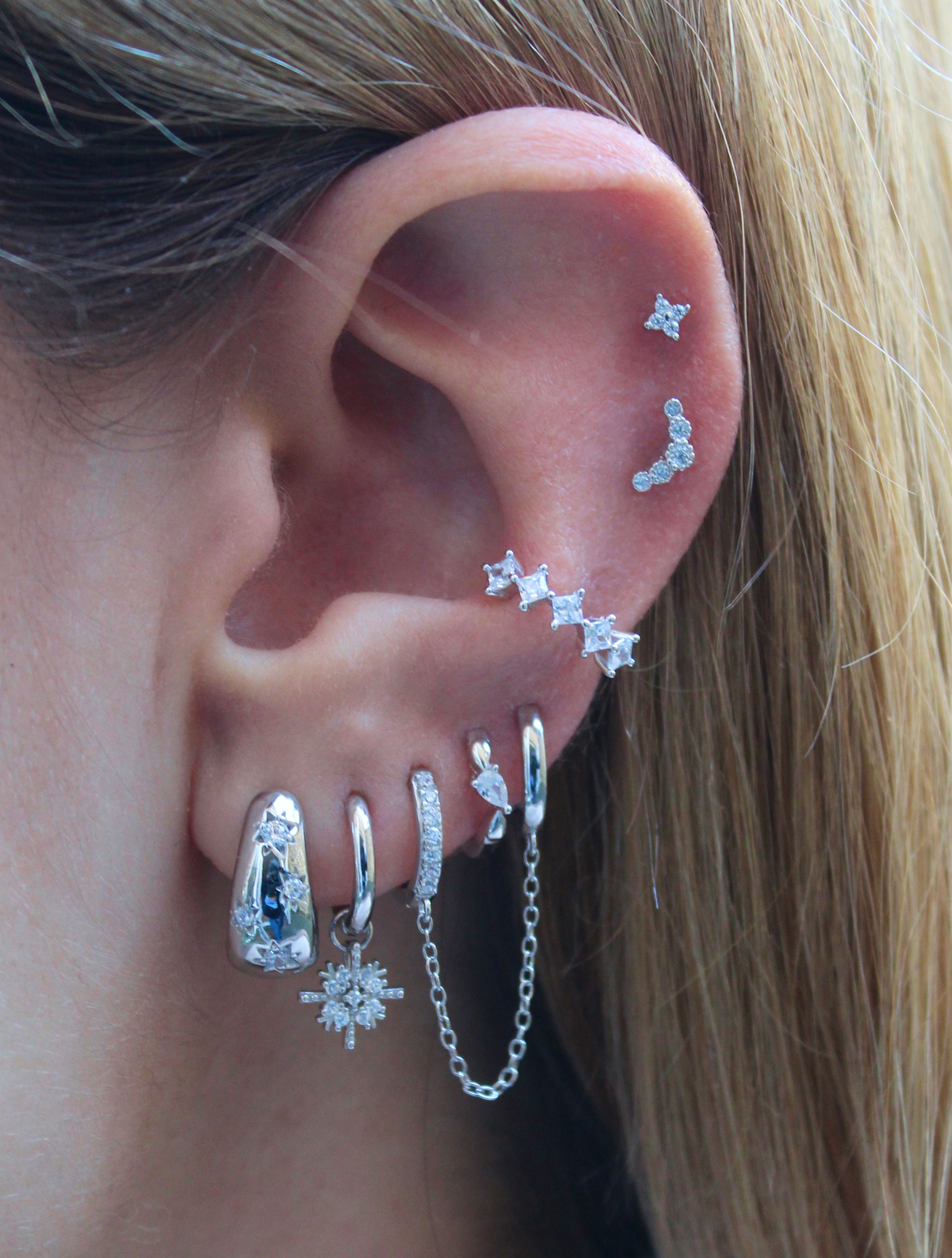 Snowflake CZ Charm Silver Hoops