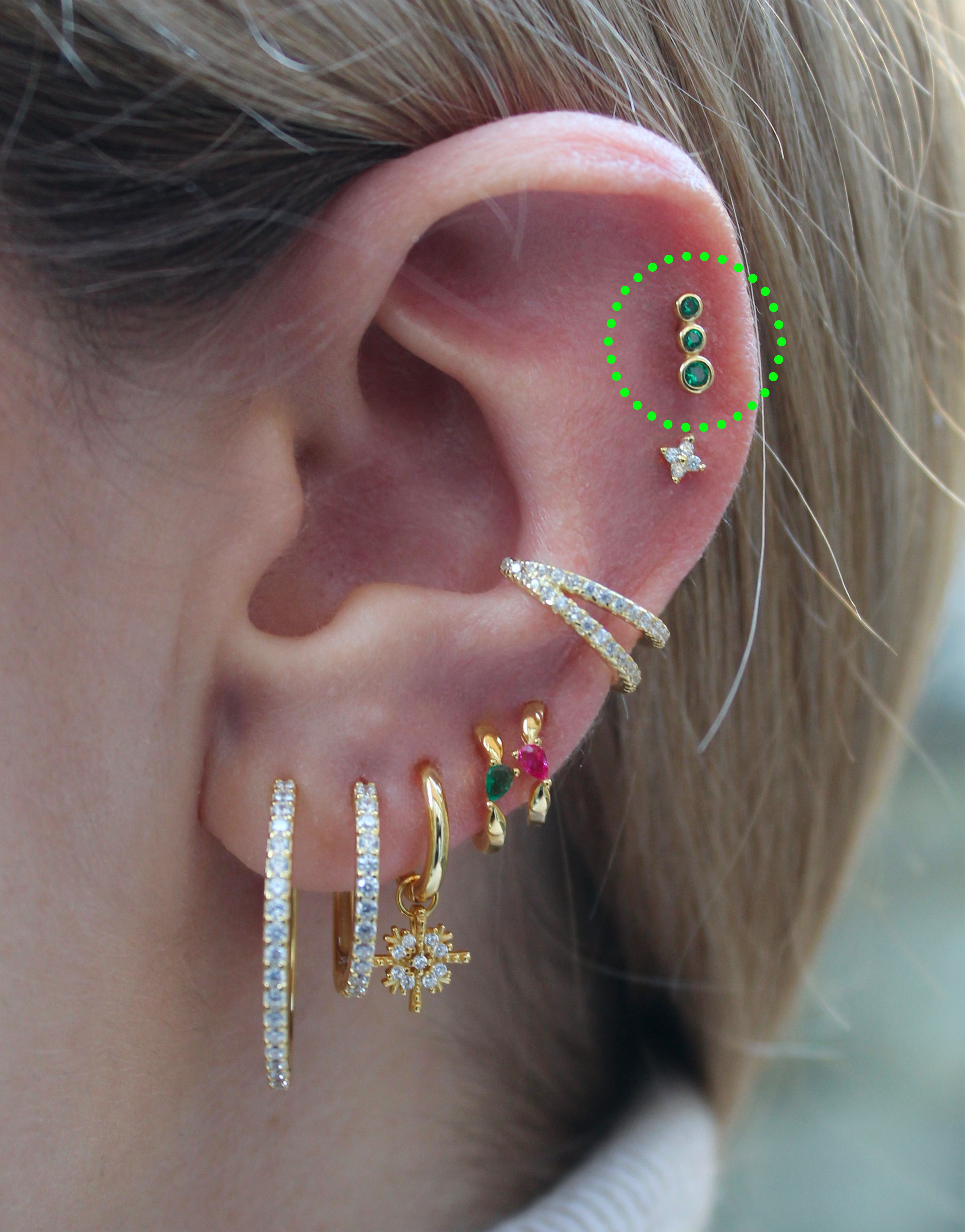 Triple Beaded CZ Green Stud