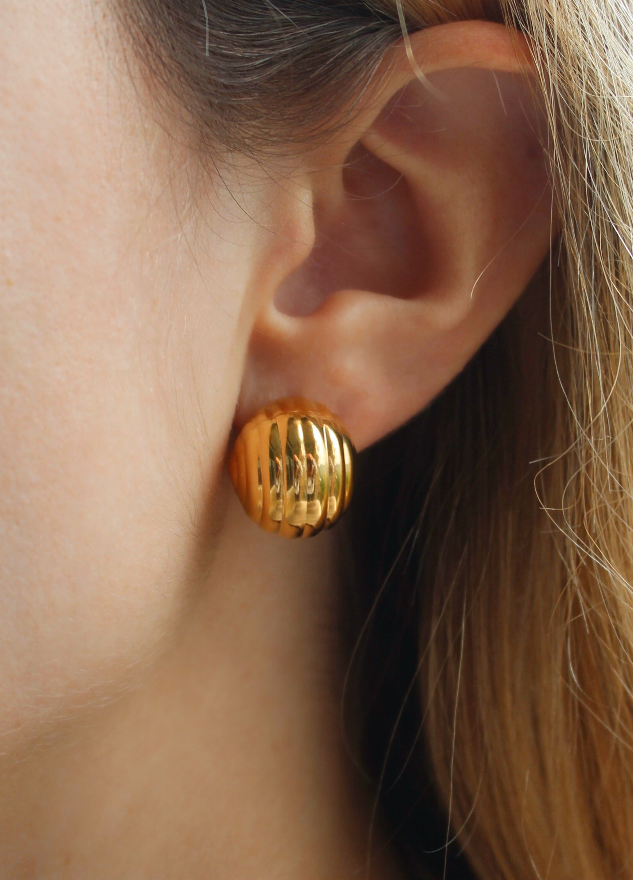 Ridge Button Gold Earrings