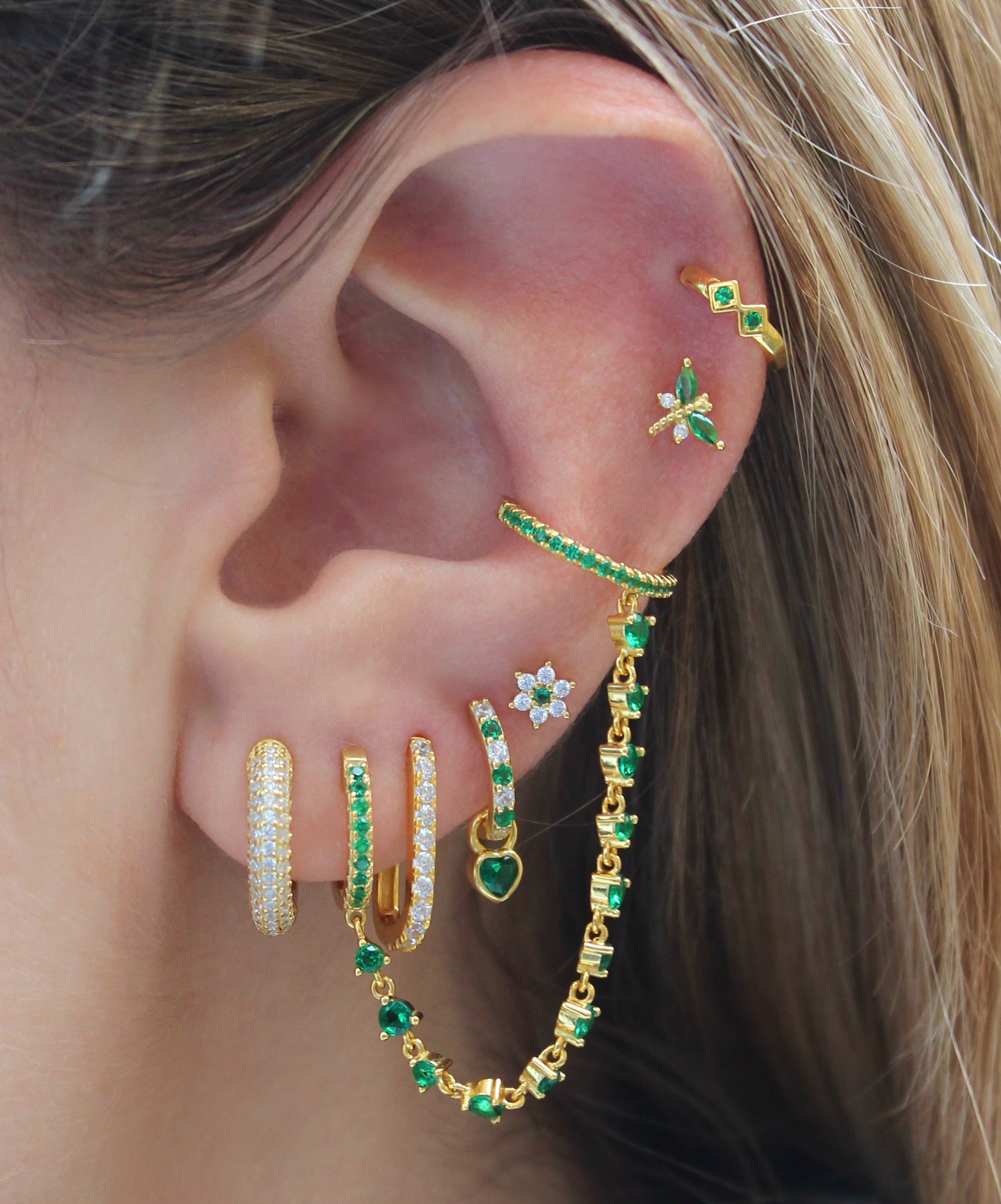 Green CZ Double Hoop Gold Chain Ear Cuff Connector