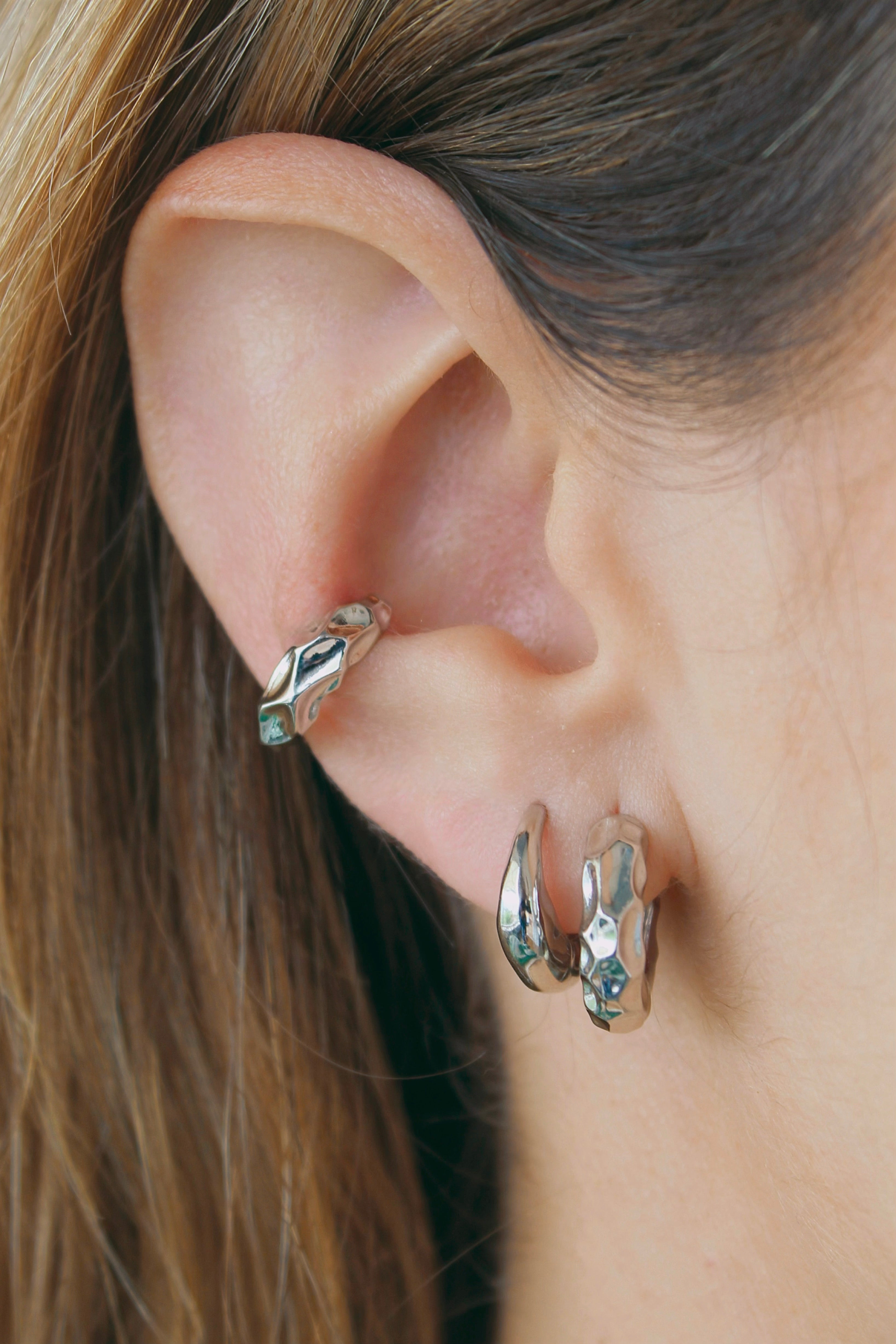 Hammered Oval Hoops in Silver