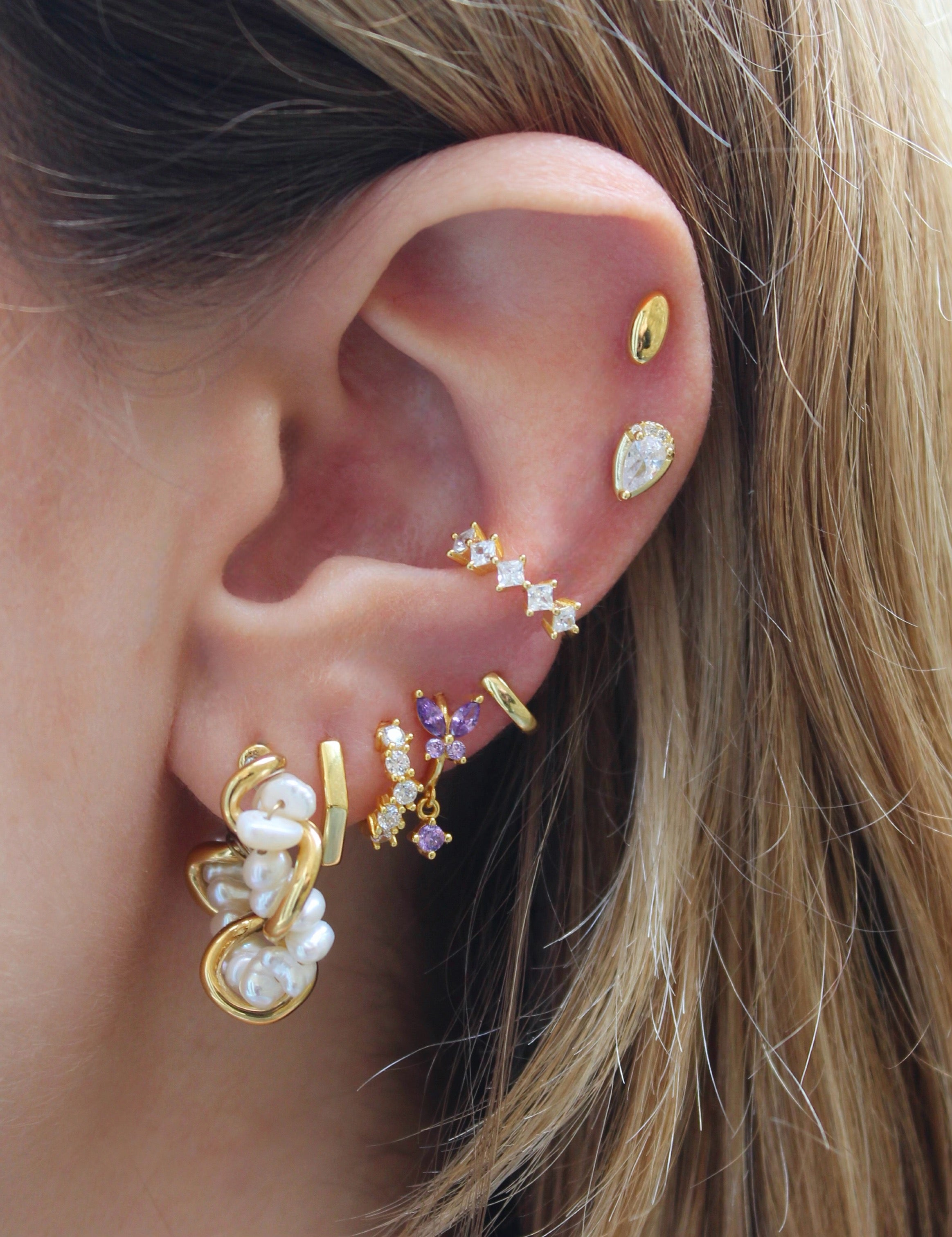 Violet CZ Butterfly Gold Hoops