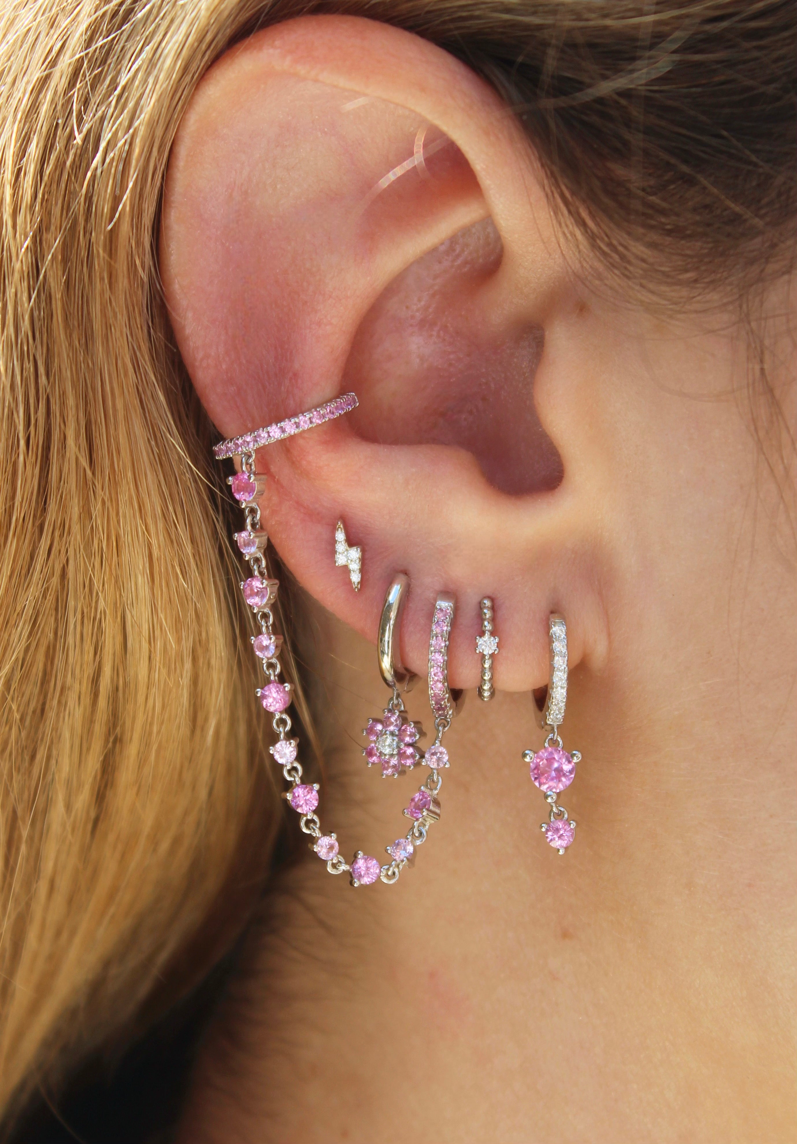 Pink CZ Double Hoop Silver Chain Ear Cuff Connector
