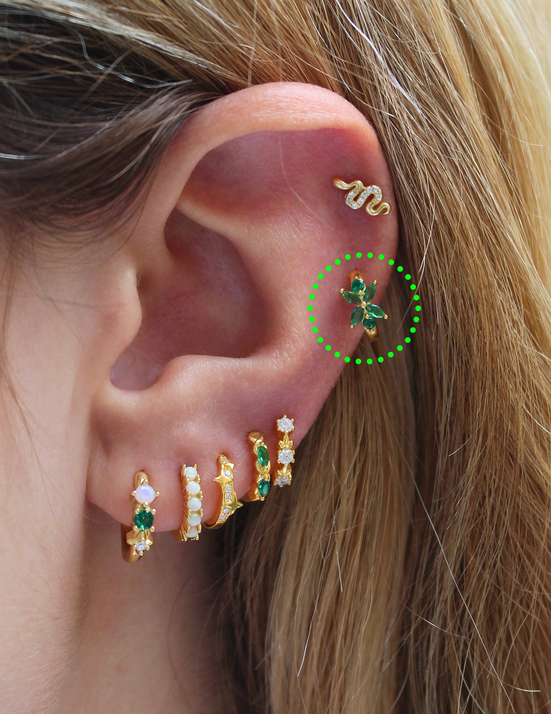 Green CZ Orchid Gold Huggie Hoops