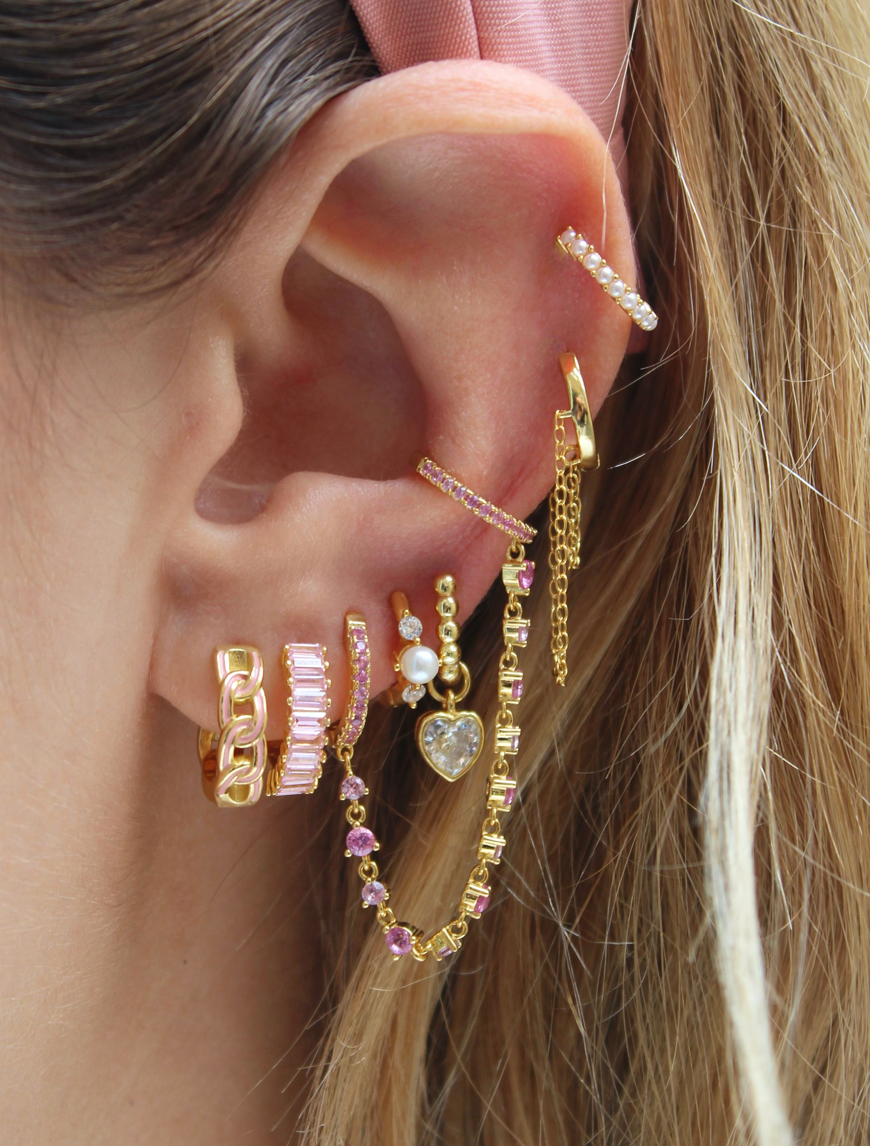 Pink CZ Double Hoop Gold Chain Ear Cuff Connector