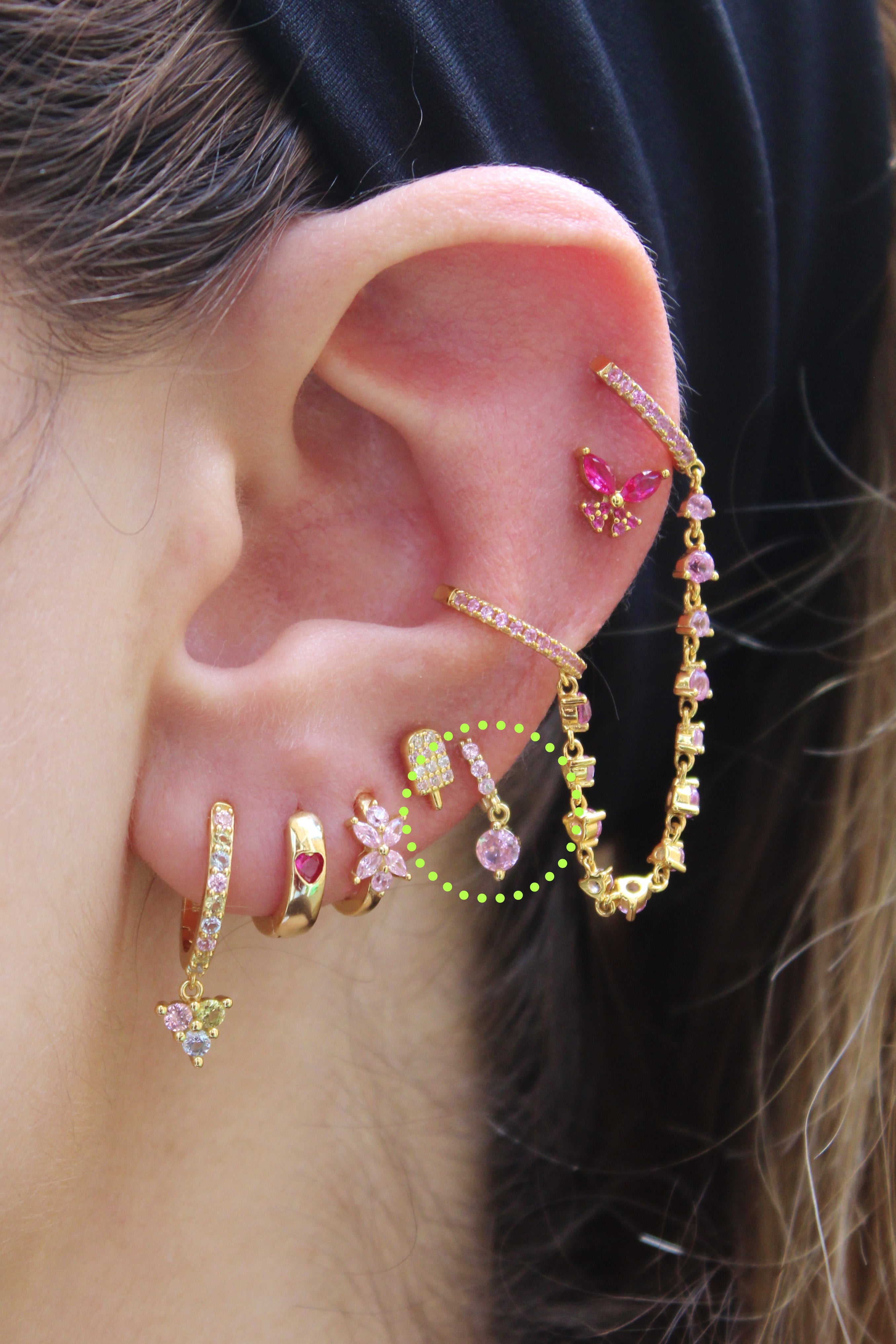Pink Tiny Pavé Solitaire Drop Huggies in Gold