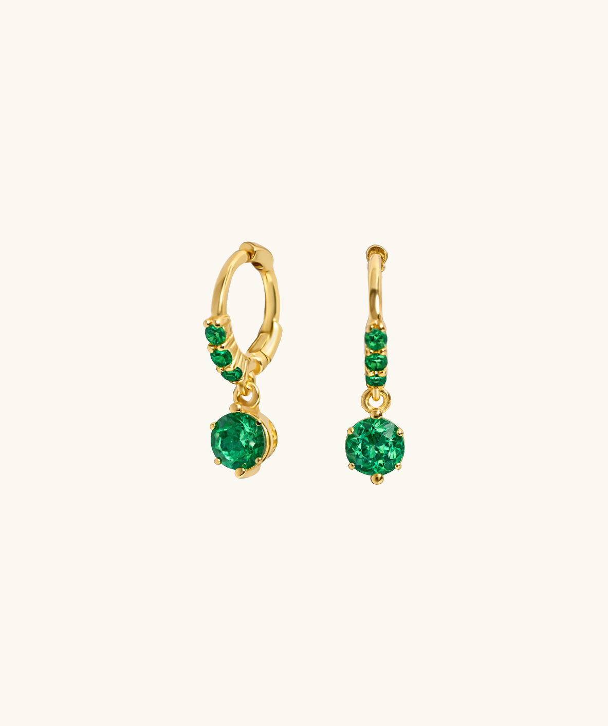Emerald Tiny Pavé Solitaire Drop Huggies in Gold