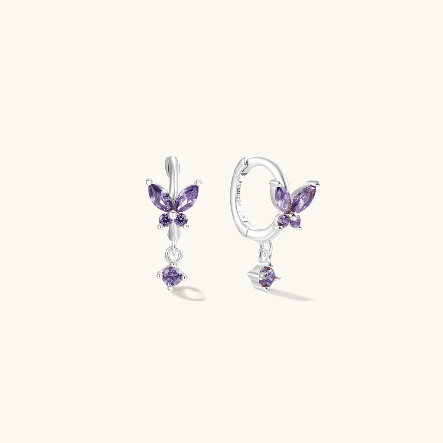 Violet CZ Butterfly Silver Hoops
