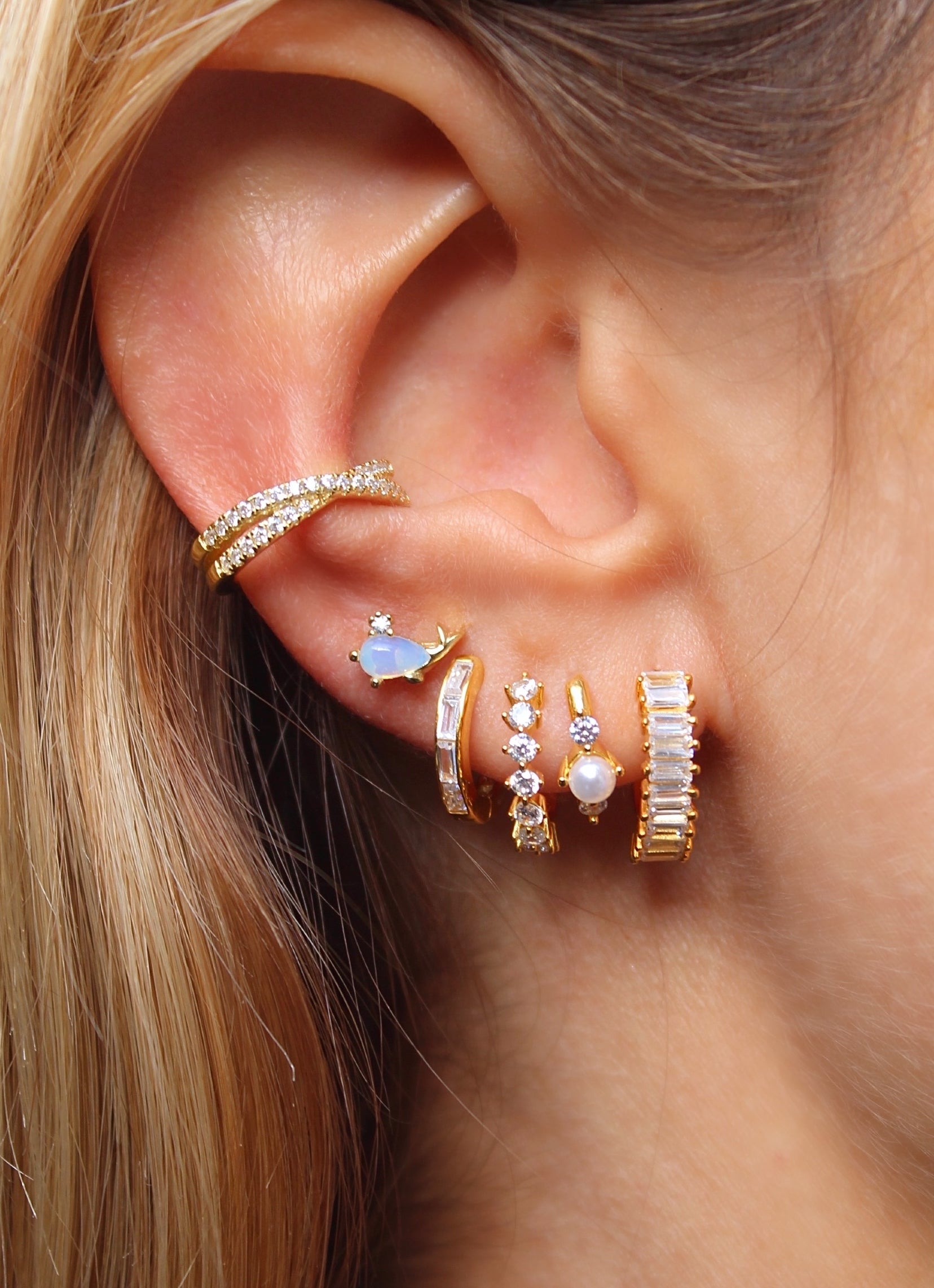 CZ Waterfall Gold Hoops Earrings