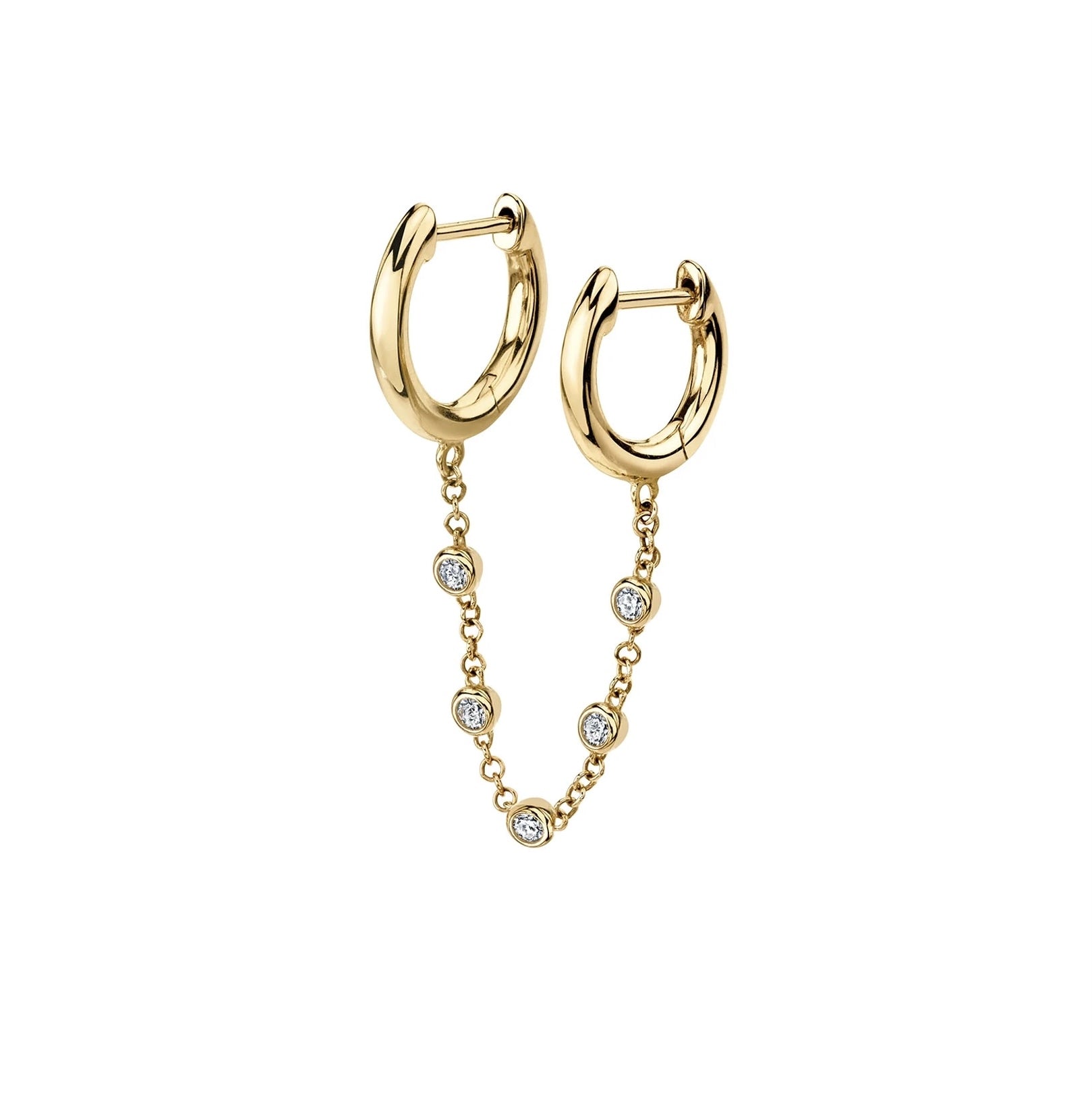Pave Chain Connected Plain Gold Double Hoops Earring