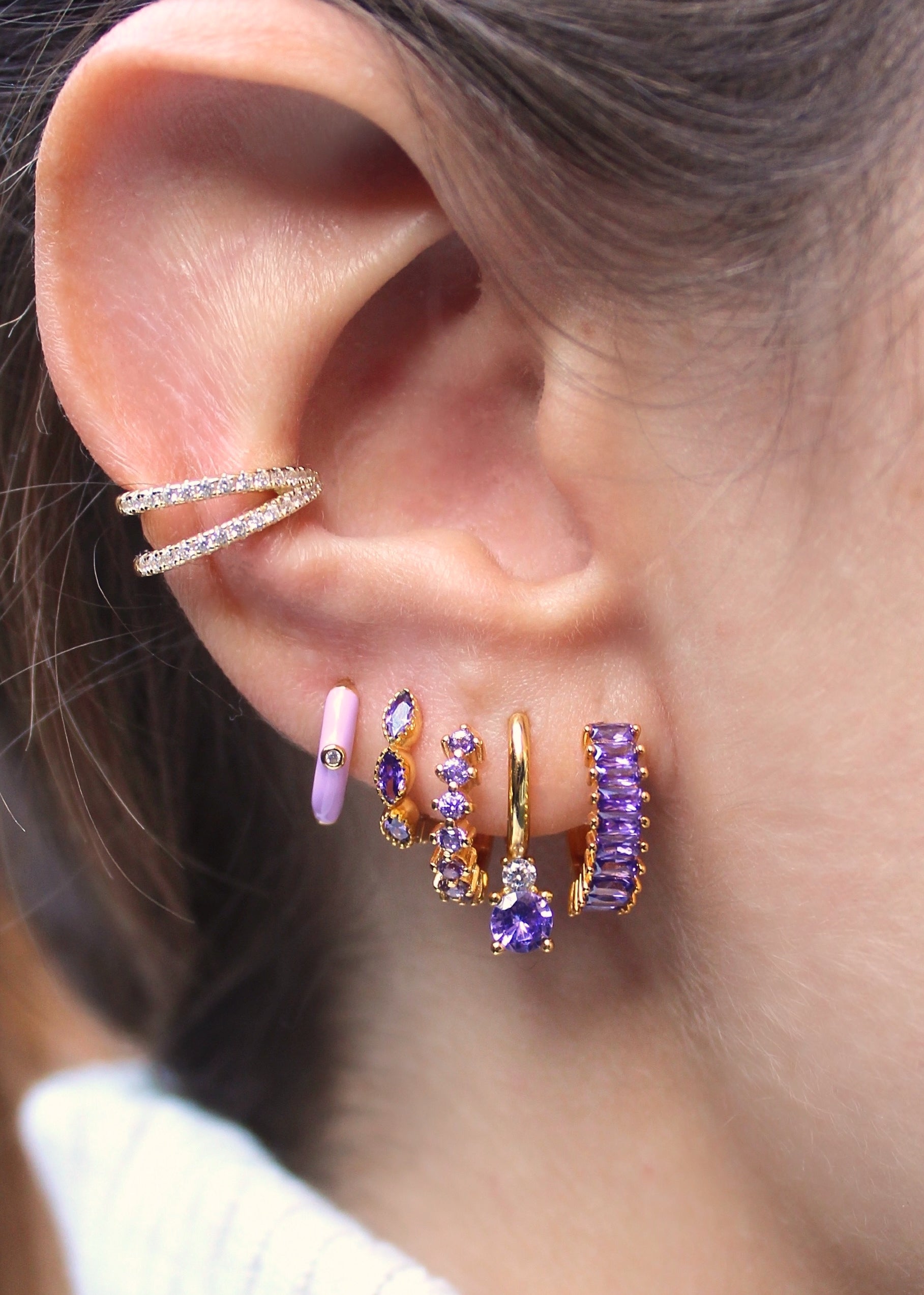 Lilac CZ  Waterfall Gold Hoops