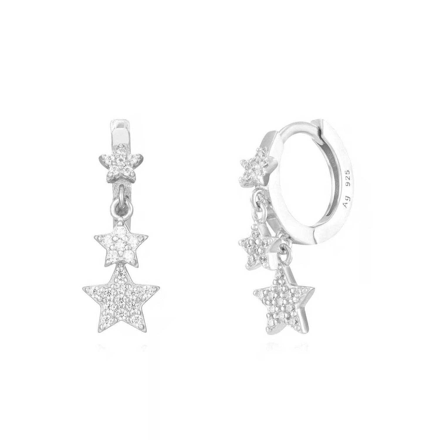 Three Crystal Stars Silver Hoop Earrings