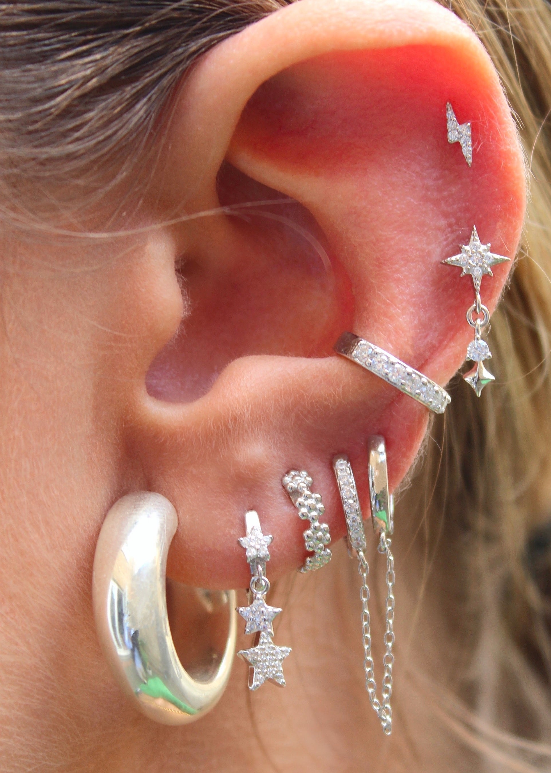 Three Crystal Stars Silver Hoop Earrings