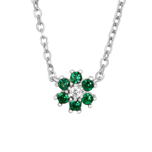 Green CZ Daisy Flower Silver Necklace