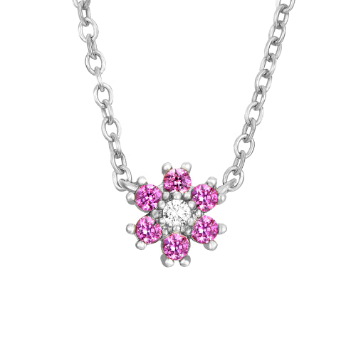 Collar de plata con flor de margarita y circonitas rosa bebé