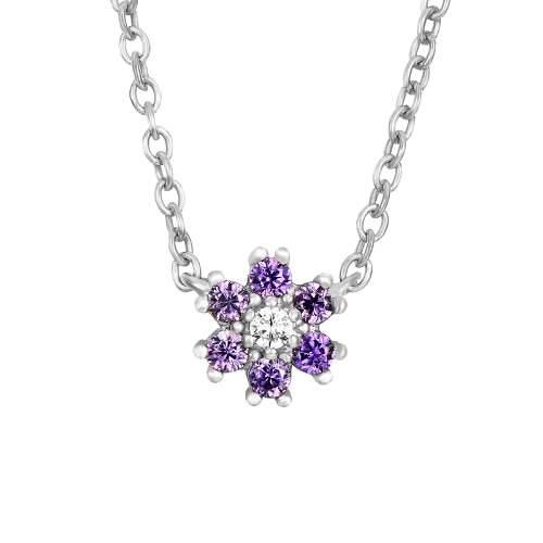 Collar de plata con flor de margarita y circonitas lilas