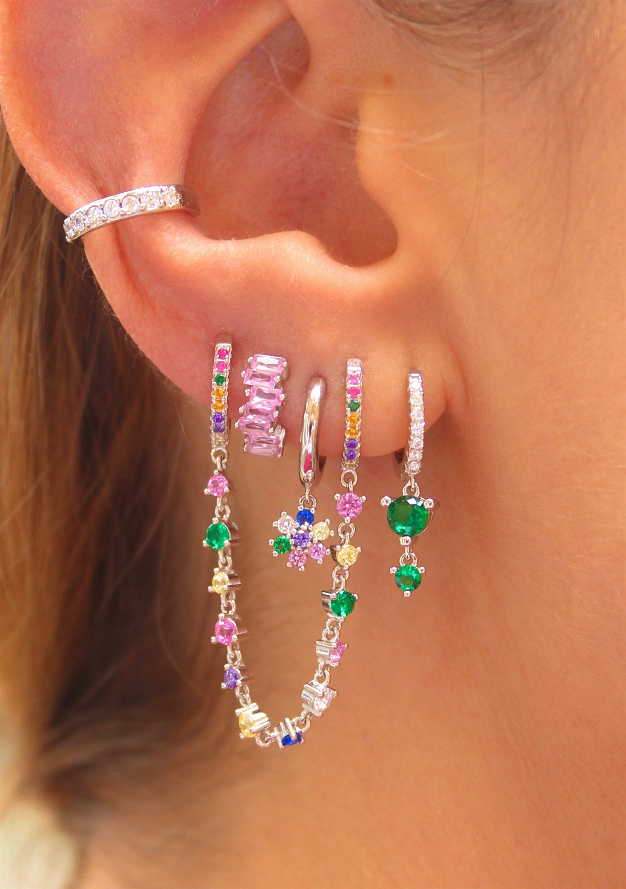 Baguette Crystal CZ Earrings Pink Silver