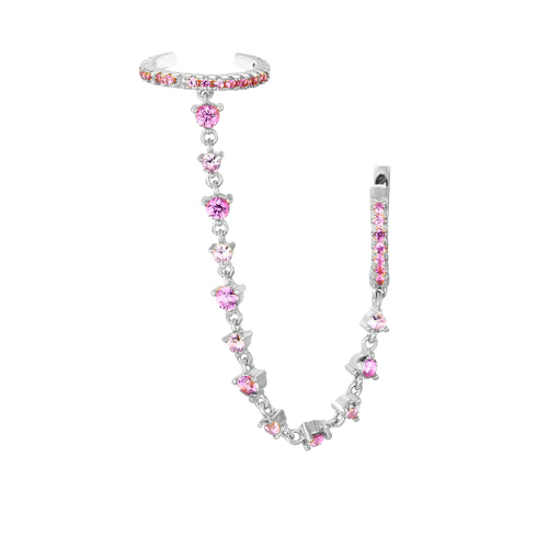 Pink CZ Double Hoop Silver Chain Ear Cuff Connector