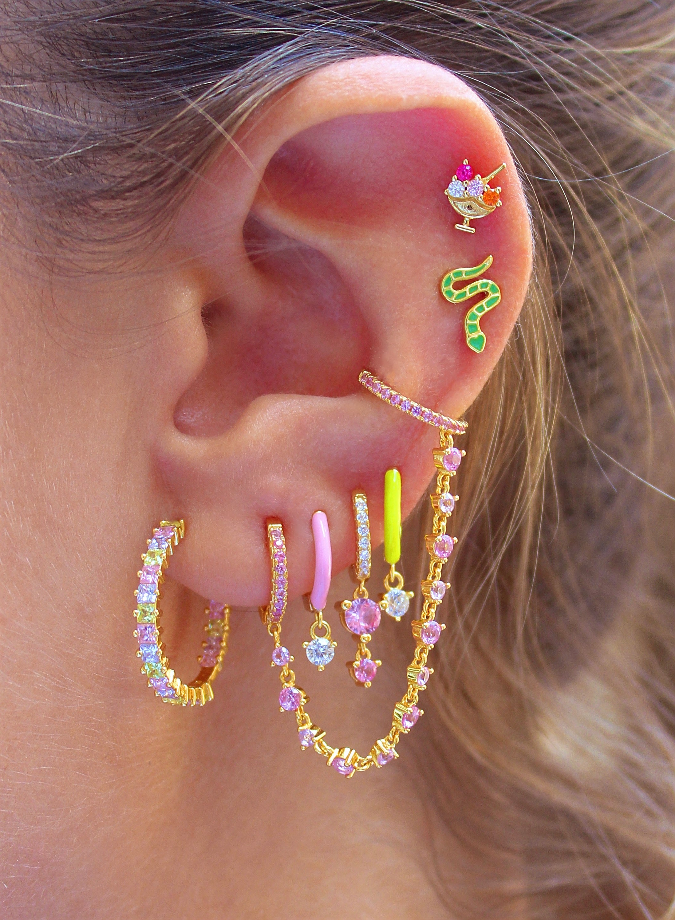 Pink CZ Double Hoop Gold Chain Ear Cuff Connector