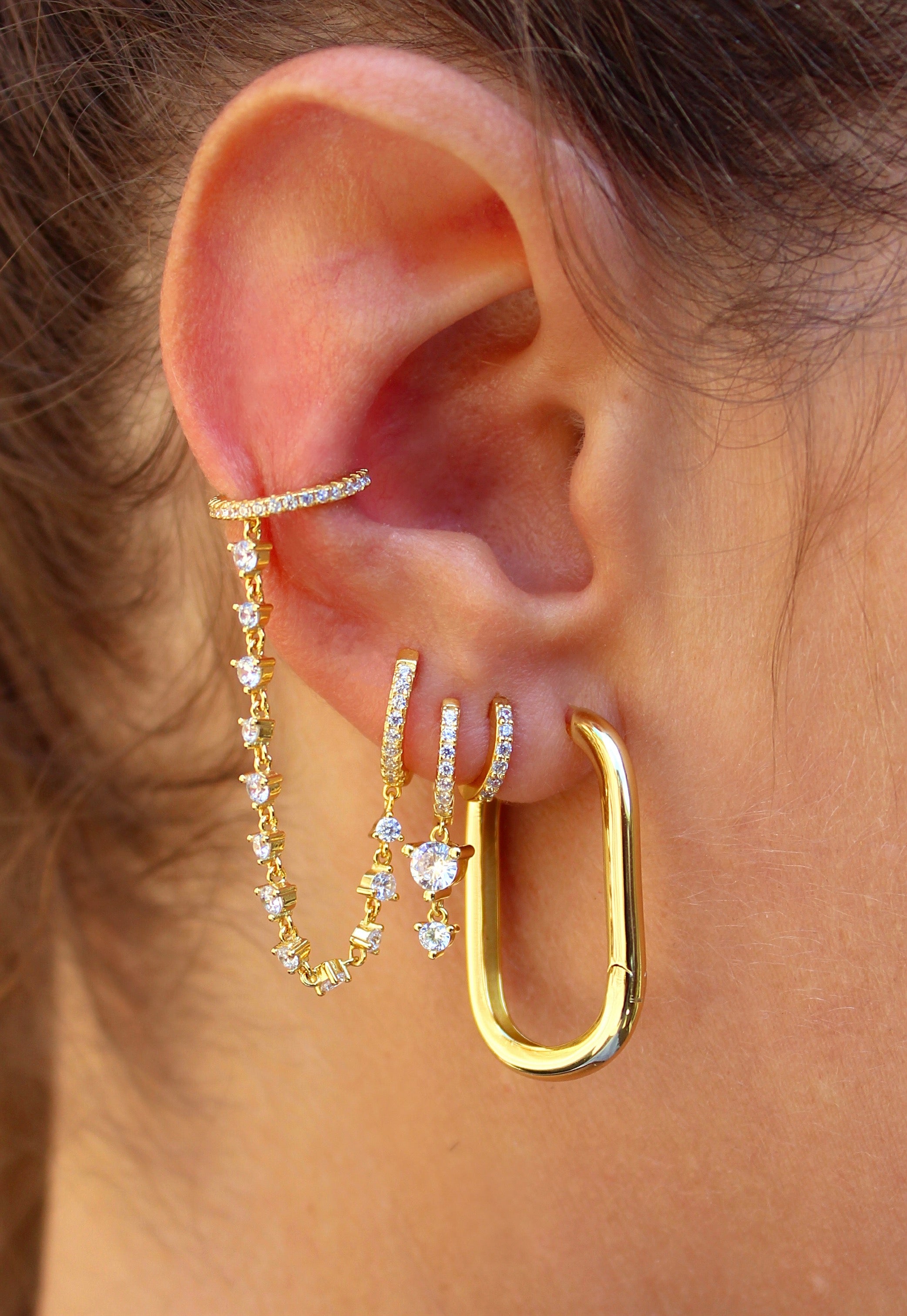 CZ Double Hoop Gold Chain Ear Cuff Connector
