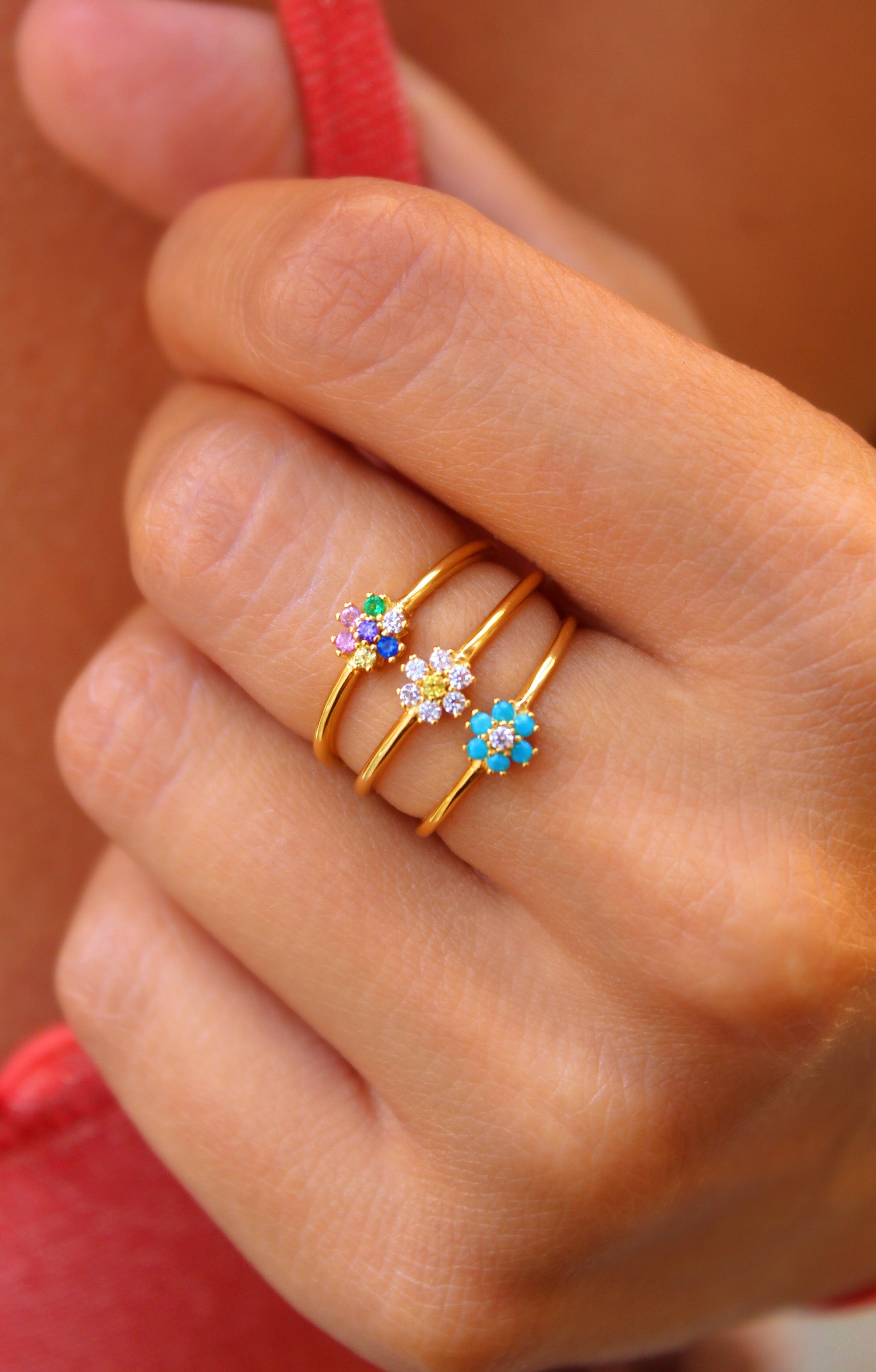 Rainbow Cz Daisy Flower Gold Ring