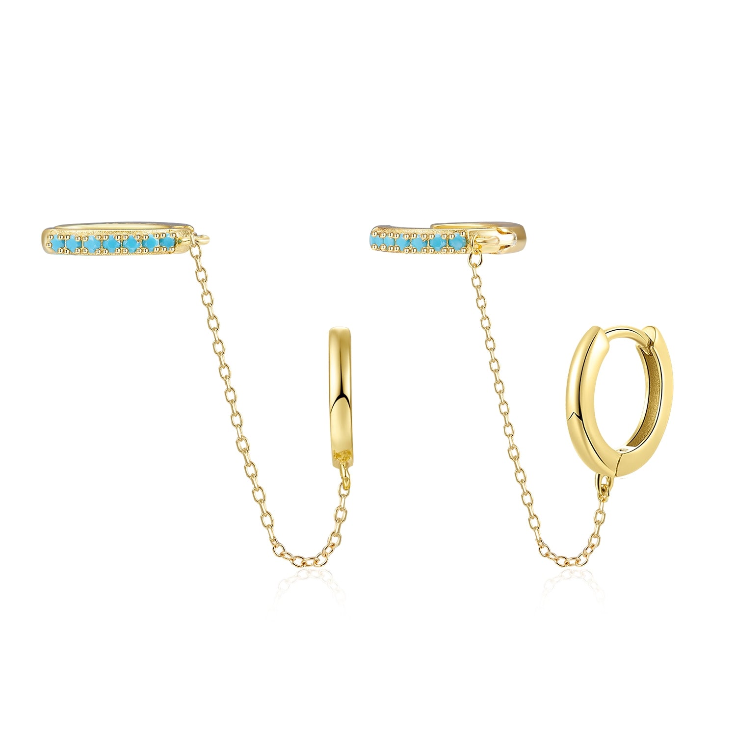 Chain Connected Gold Turquoise Double Hoops Earring